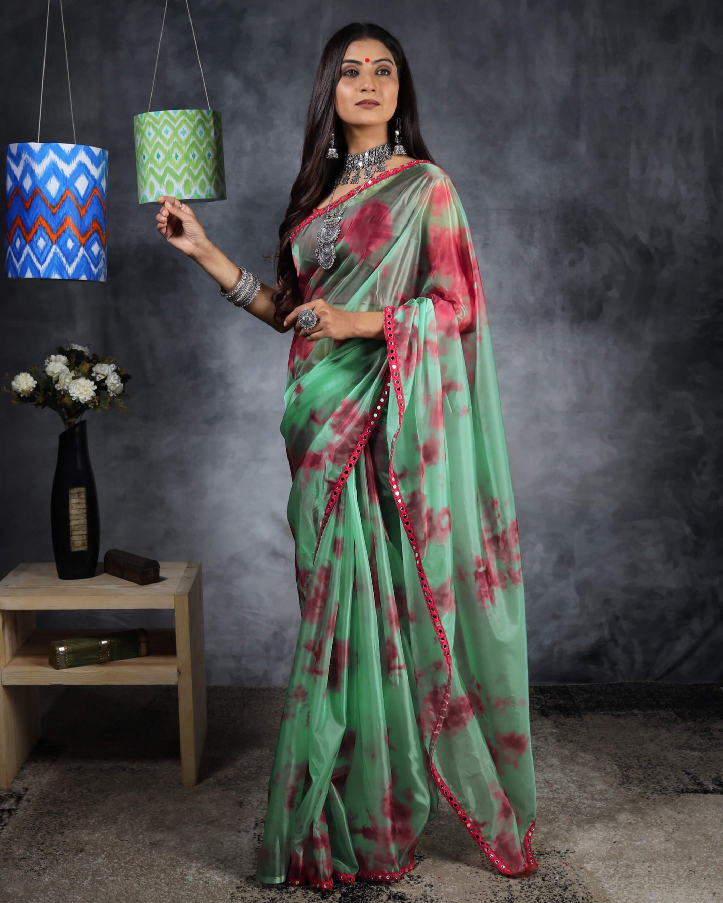 Persian Green And Maroon Tye And Dye Pattern Liquid Organza Saree With Mirror Work Lace Border