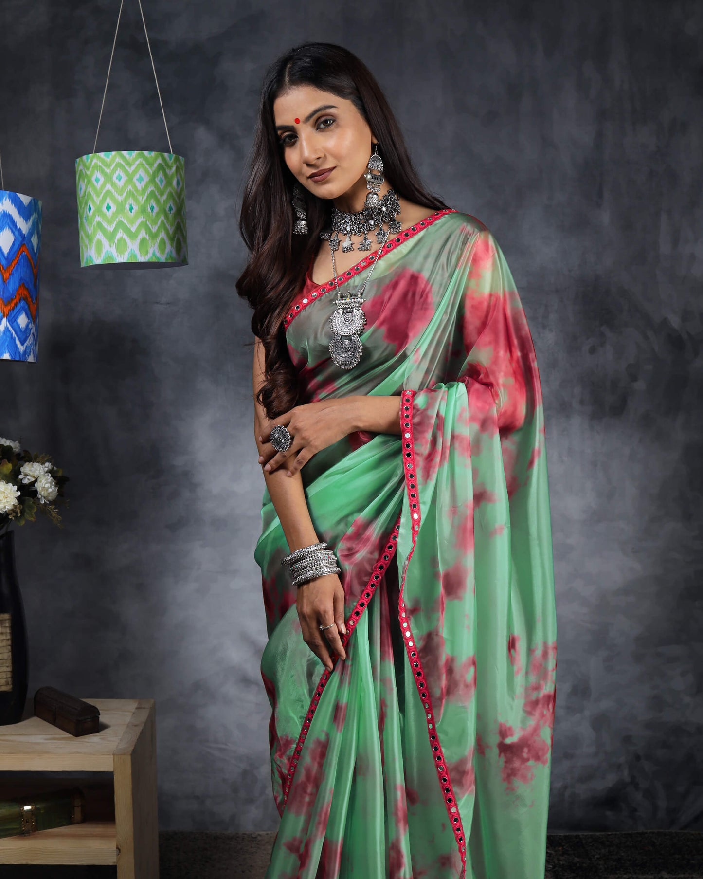 Persian Green And Maroon Tye And Dye Pattern Liquid Organza Saree With Mirror Work Lace Border