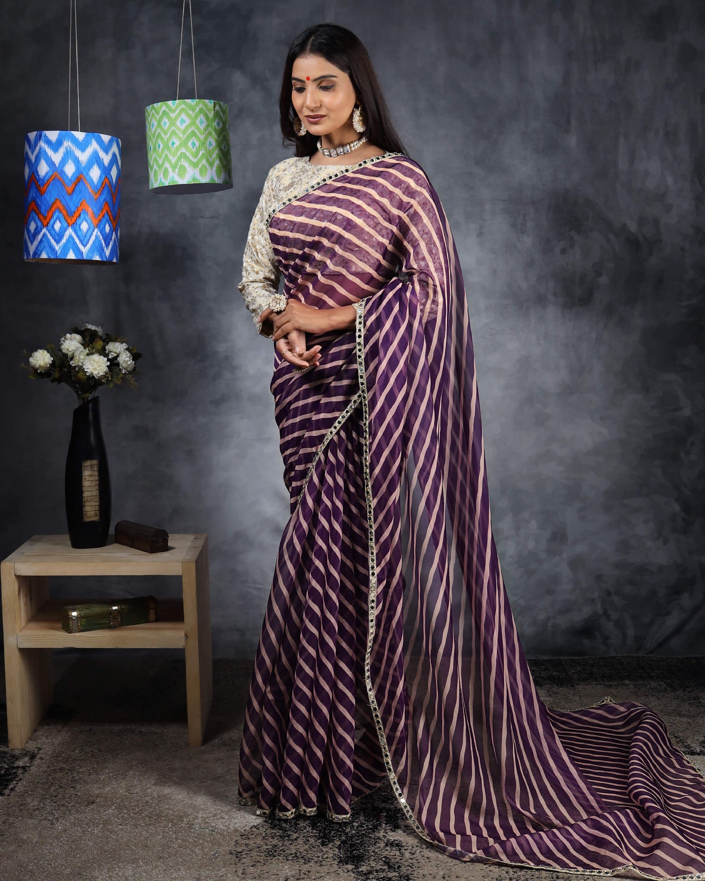 Grape Purple And Beige Leheriya Pattern Organza Saree With Mirror Work Lace Border