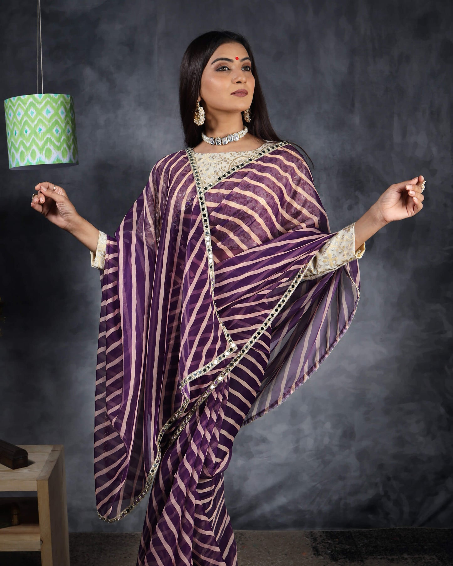 Grape Purple And Beige Leheriya Pattern Organza Saree With Mirror Work Lace Border