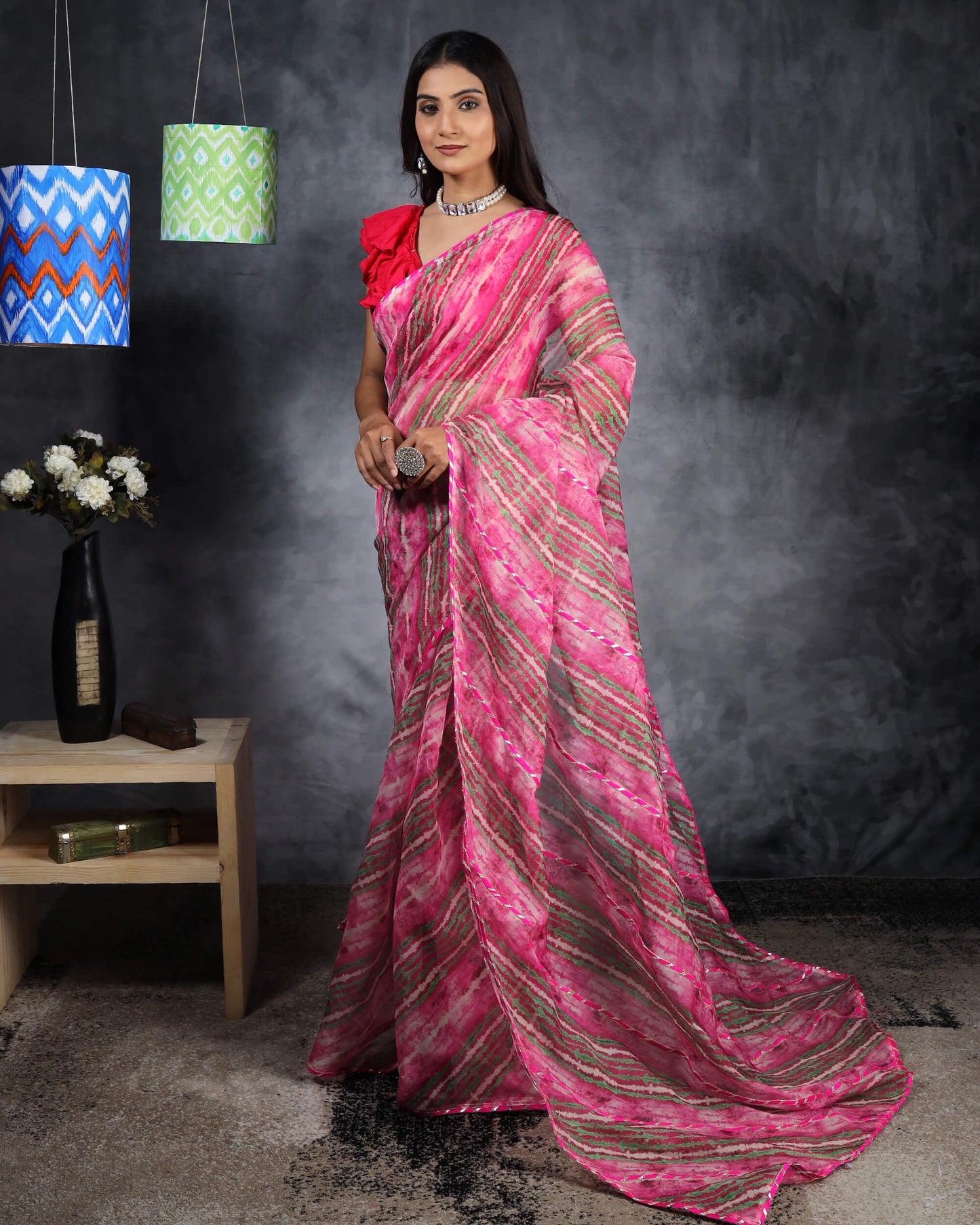 Pink And Green Leheriya Pattern Organza Saree With Gota Patti Lace Border