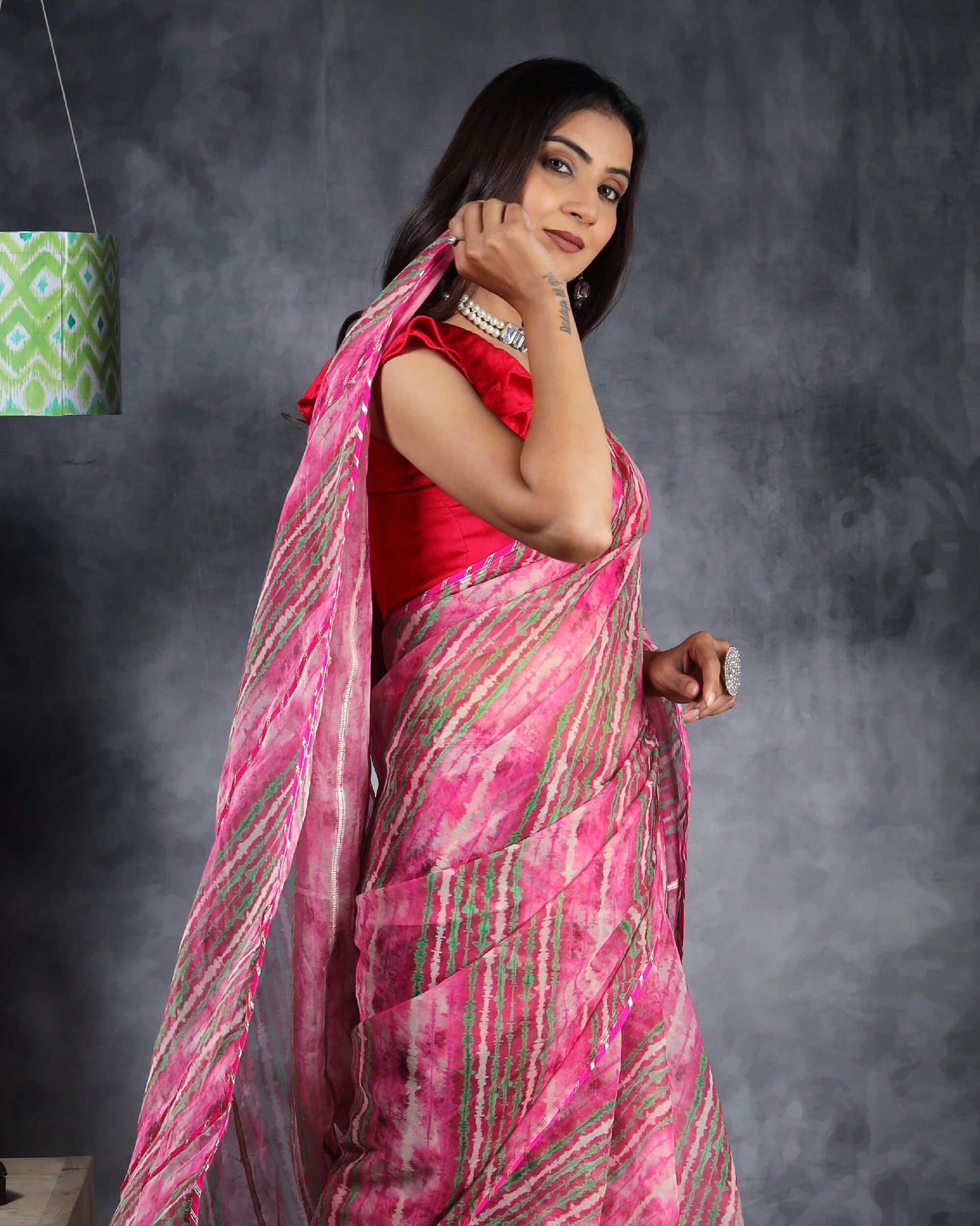 Pink And Green Leheriya Pattern Organza Saree With Gota Patti Lace Border