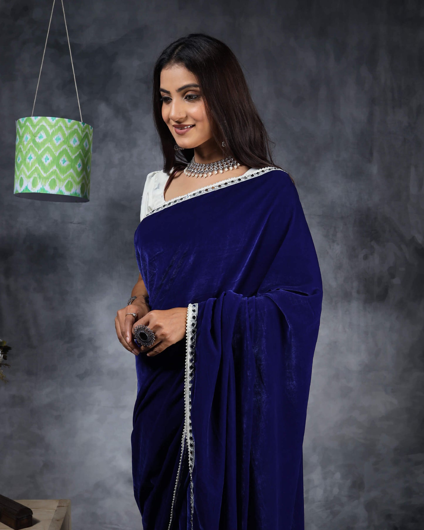 Royal Blue Plain Velvet Saree With Mirror Work Lace Border