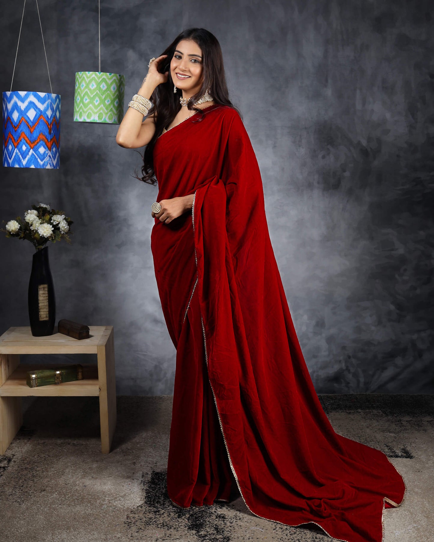 Indian Red Plain Velvet Saree With Zari Stone Work Lace Border