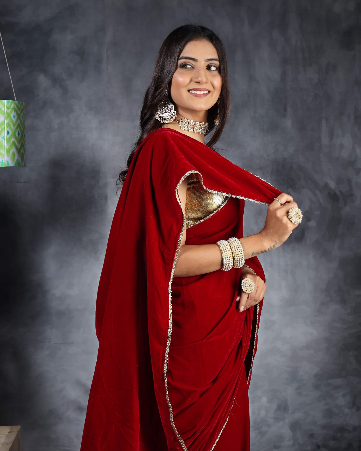 Indian Red Plain Velvet Saree With Zari Stone Work Lace Border