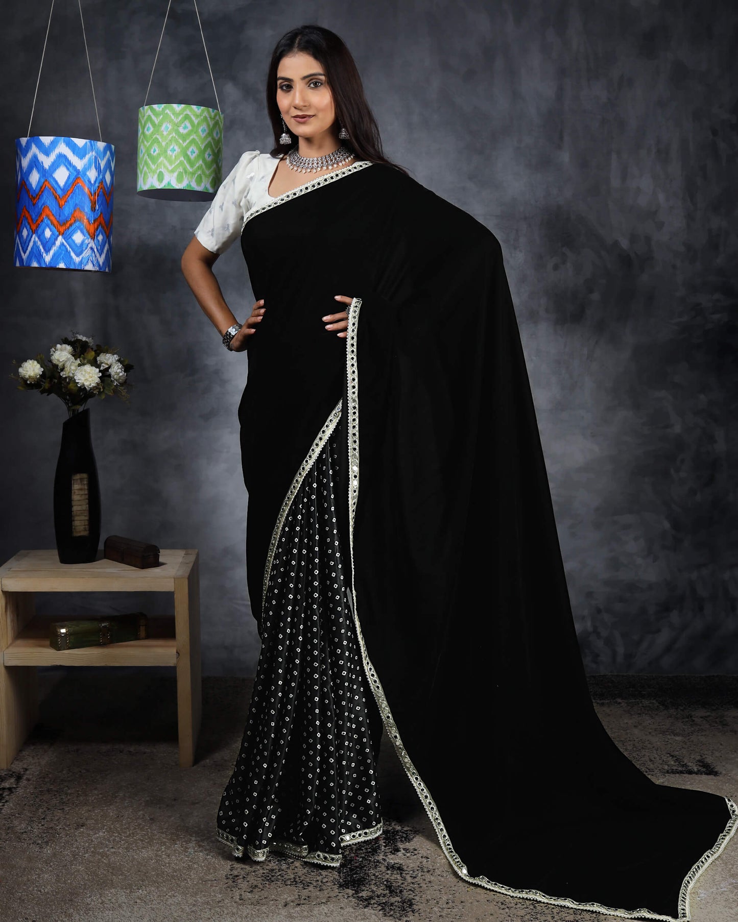 Black Half Digital Print Velvet Saree With Mirror Work Lace Border