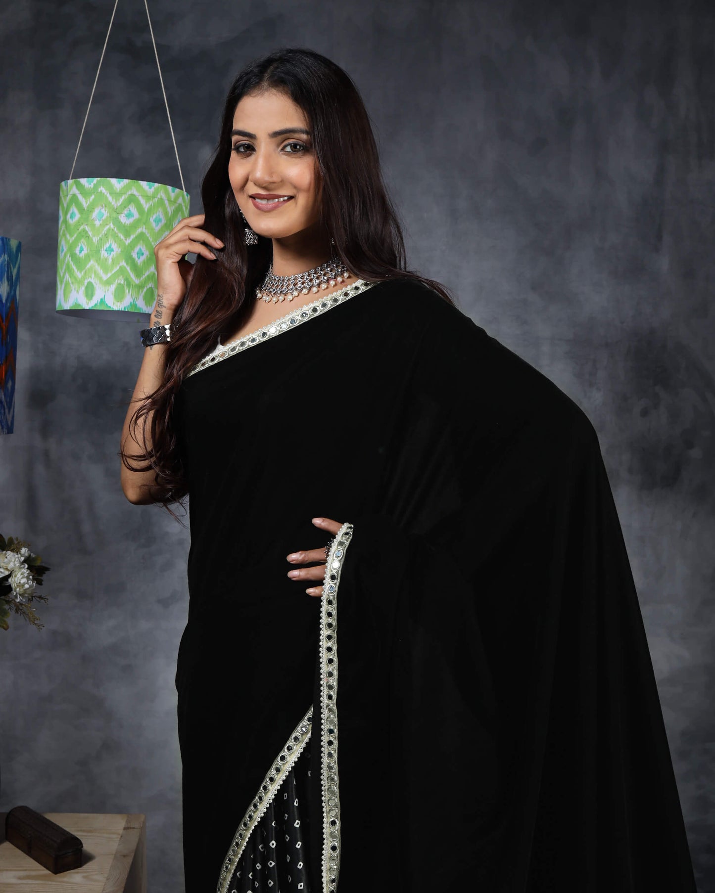 Black Half Digital Print Velvet Saree With Mirror Work Lace Border