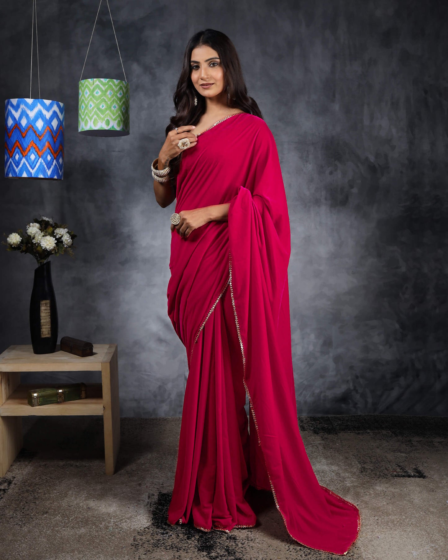 Pink Plain Velvet Saree With Tubular Beads Sequins Work Lace Border