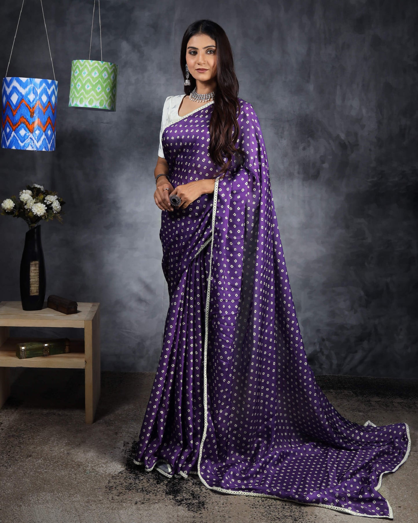 Grape Purple And White Bandhani Pattern Digital Print Georgette Satin Saree With Foil Mirror Work Lace Border