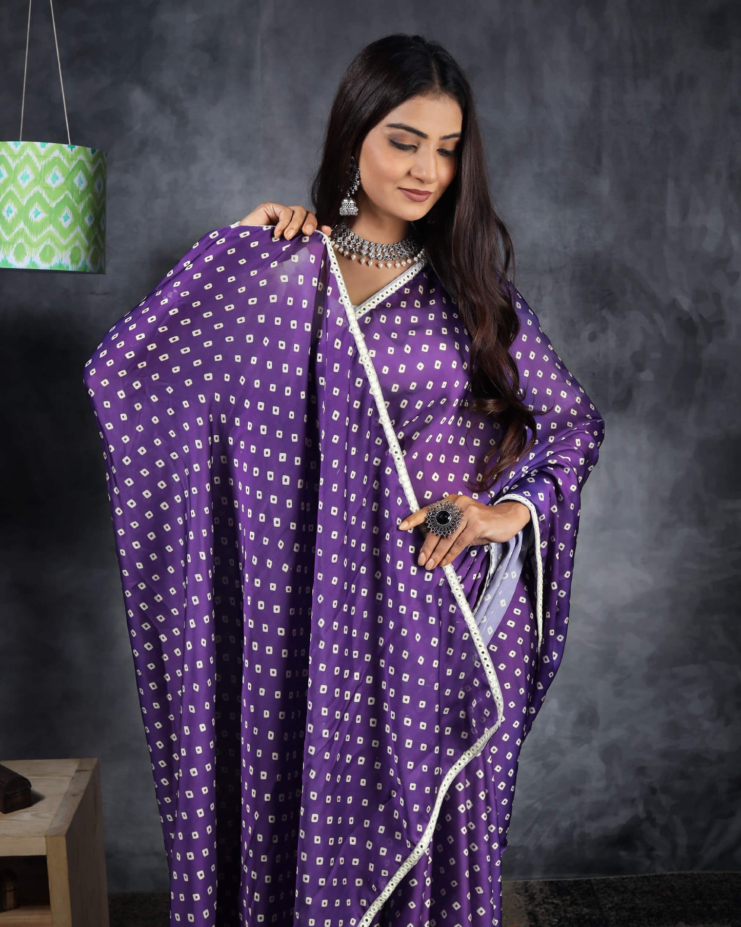Grape Purple And White Bandhanii Pattern Digital Print Georgette Satin Saree With Foil Mirror Work Lace Border