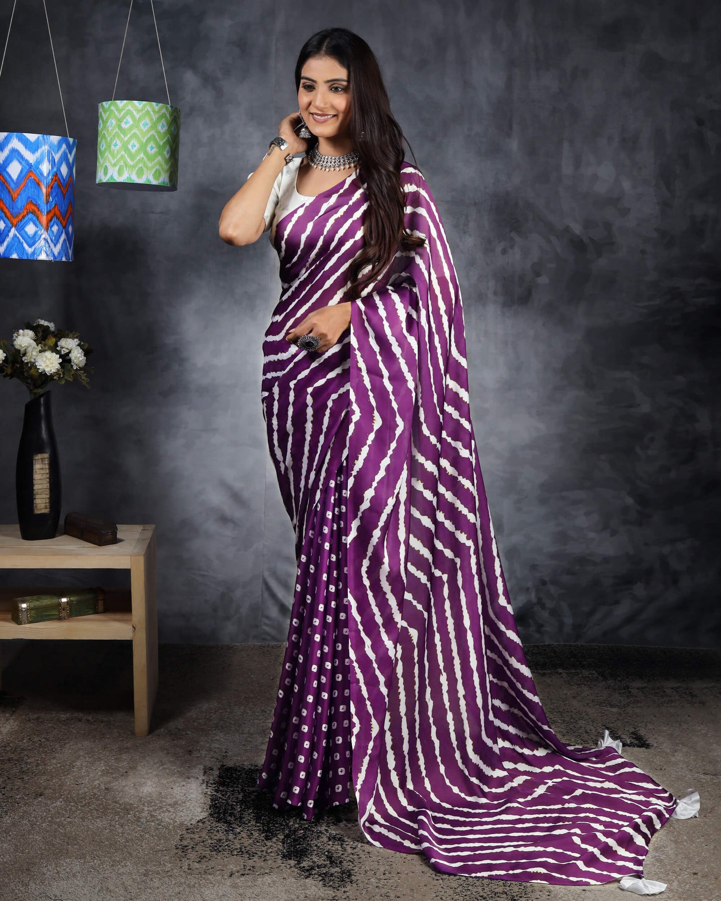 Eggplant Purple And White Chevron Pattern Digital Print Georgette Satin Saree With Tassels