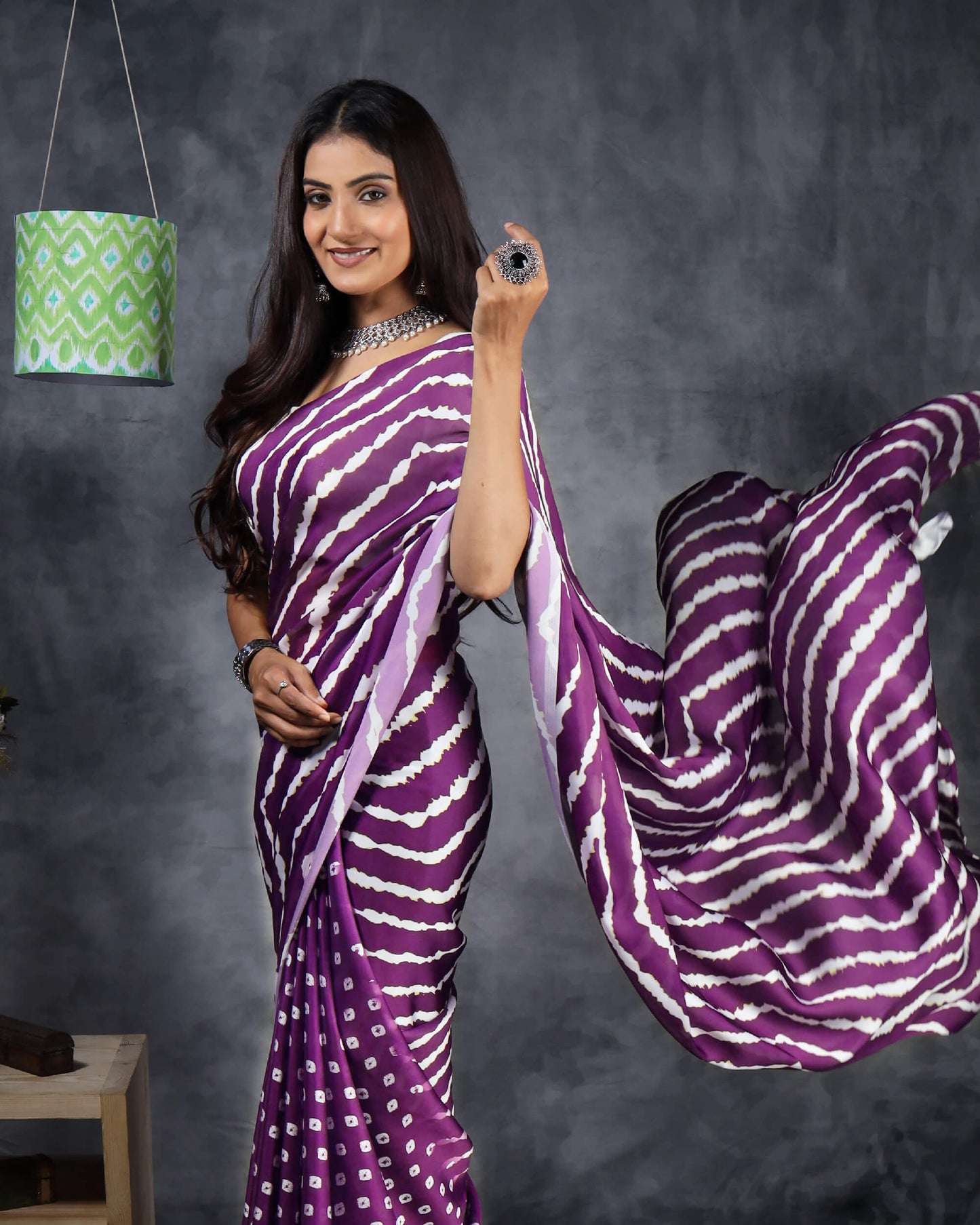 Eggplant Purple And White Chevron Pattern Digital Print Georgette Satin Saree With Tassels