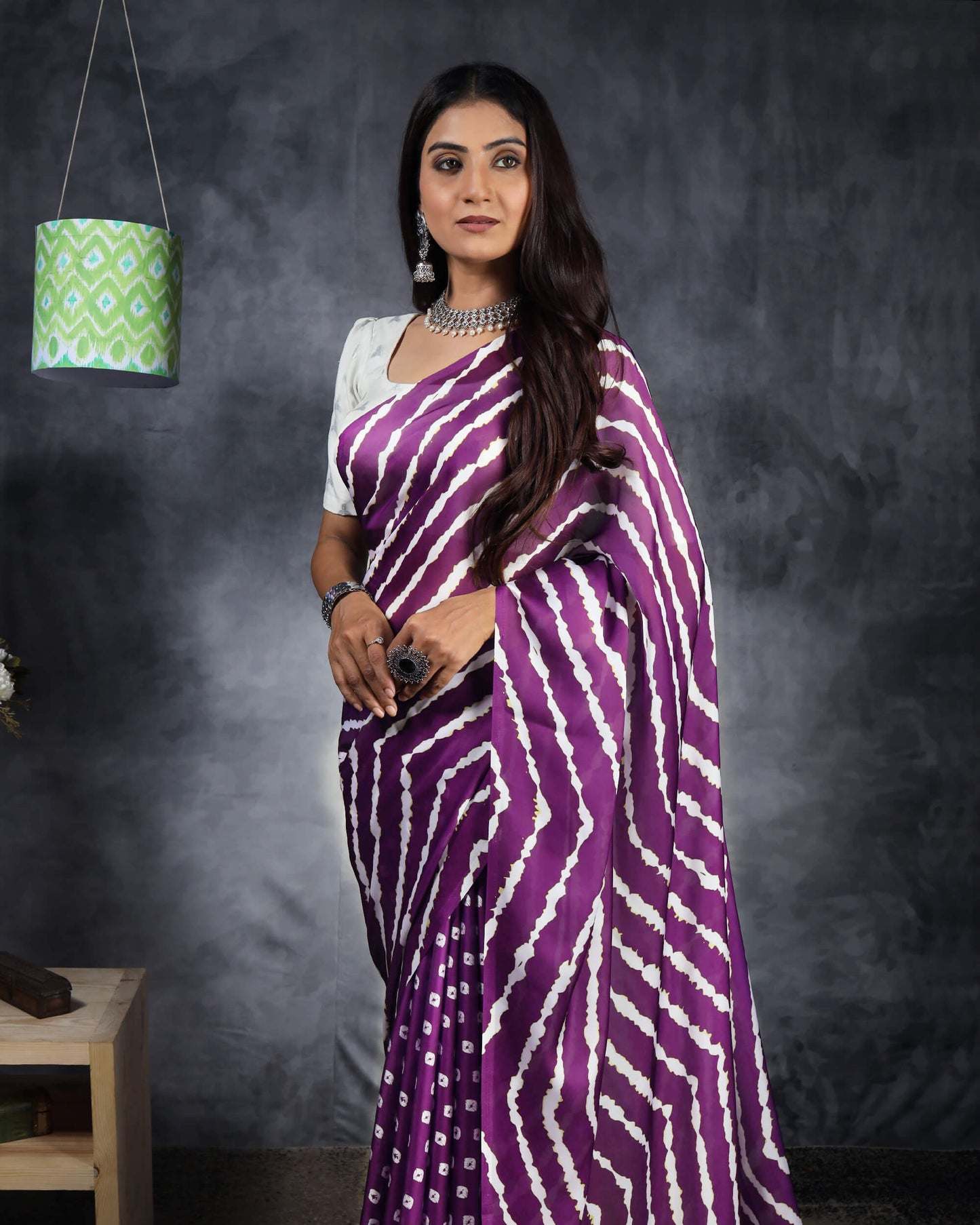 Eggplant Purple And White Chevron Pattern Digital Print Georgette Satin Saree With Tassels