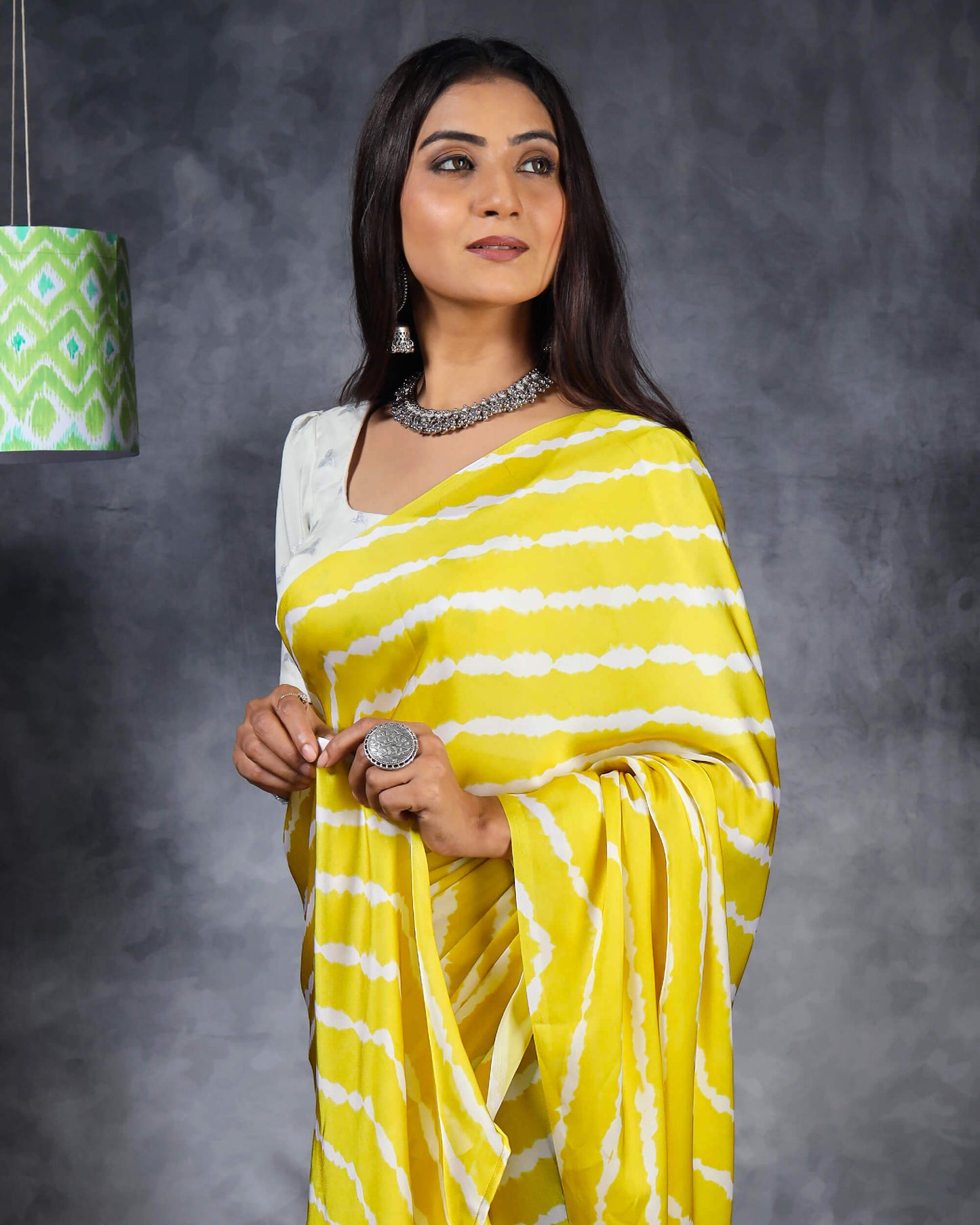 Royal Yellow And White Leheriya Pattern Digital Print Crepe Silk Saree With Tassels