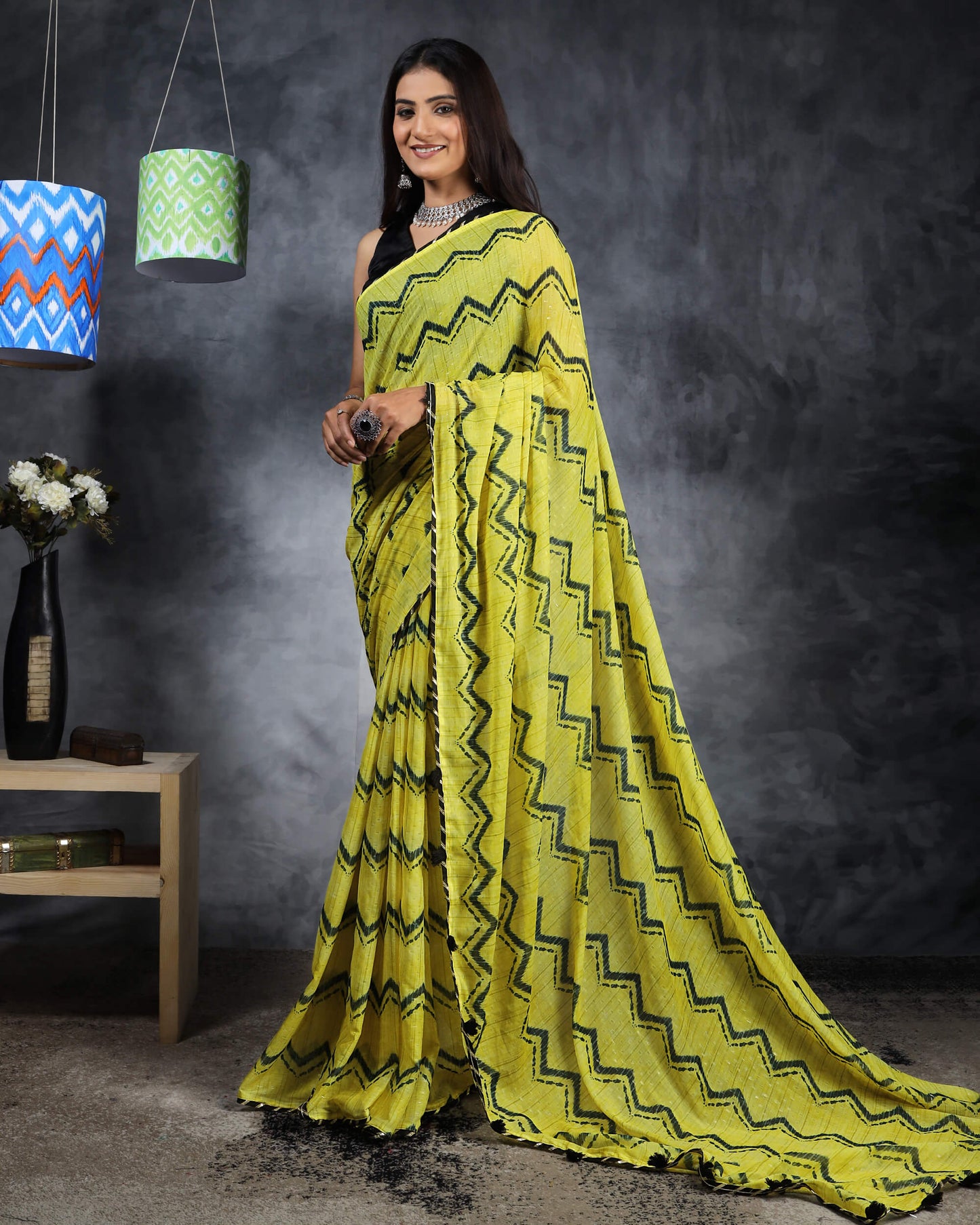 Lemon Yellow And Black Chevron Pattern Digital Print Water Lurex Chiffon Saree With Gota Patti Lace Border