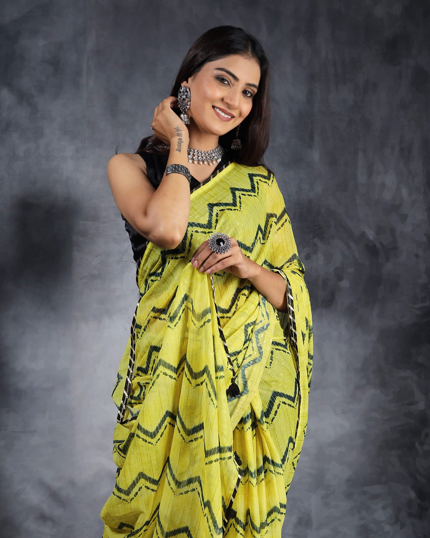 Lemon Yellow And Black Chevron Pattern Digital Print Water Lurex Chiffon Saree With Gota Patti Lace Border