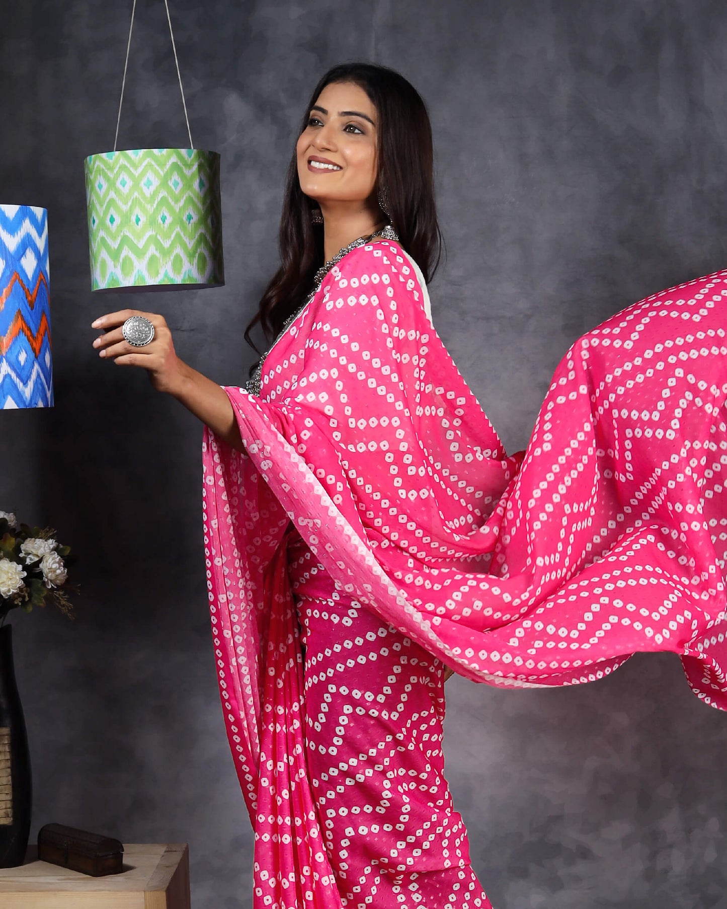 Deep Pink And White Bandhani Pattern Digital Print Water Lurex Chiffon Saree With Tassels