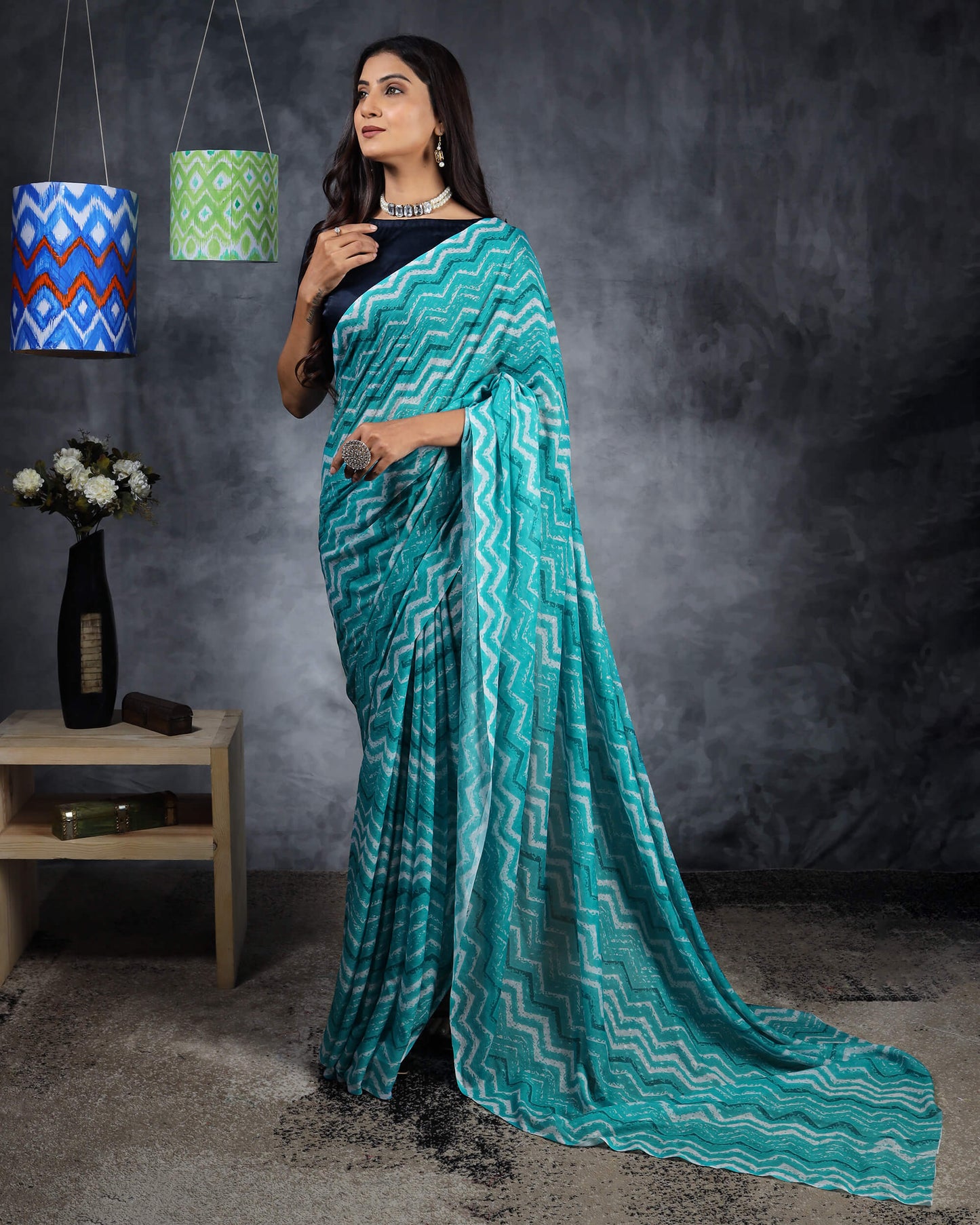 Turquoise And White Chevron Pattern Digital Print Water Lurex Chiffon Saree