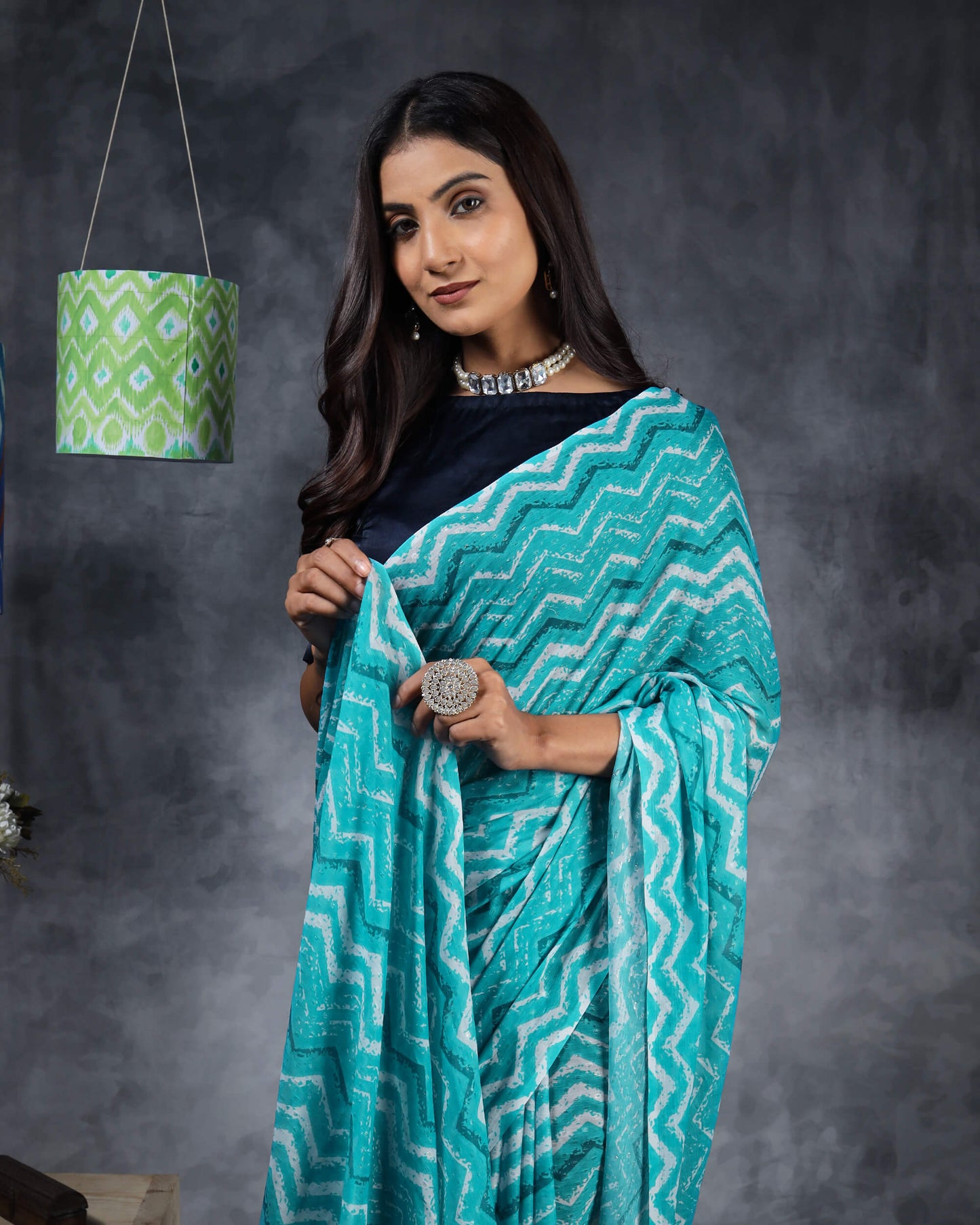 Turquoise And White Chevron Pattern Digital Print Water Lurex Chiffon Saree