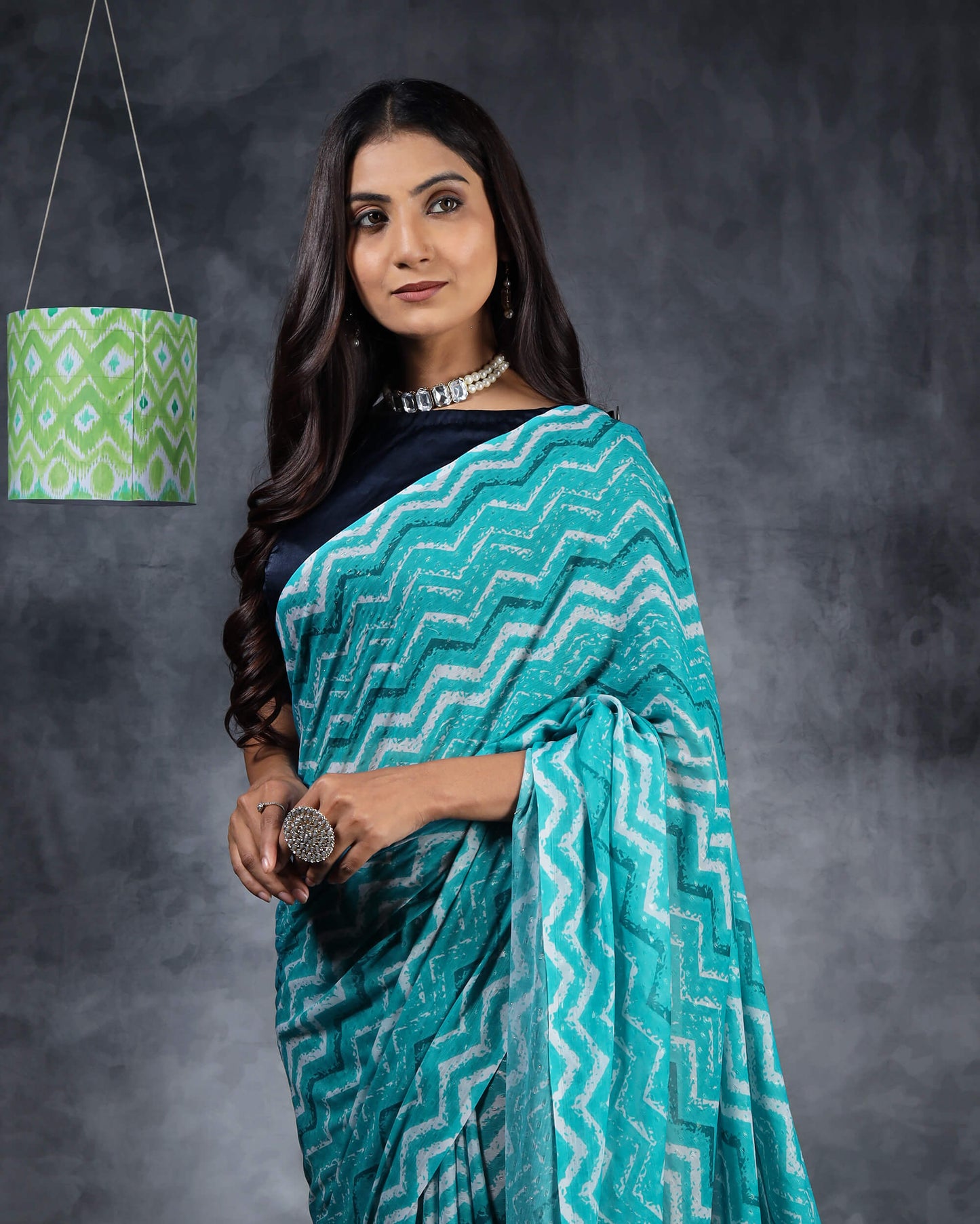 Turquoise And White Chevron Pattern Digital Print Water Lurex Chiffon Saree