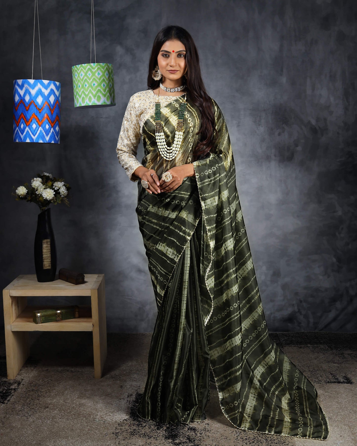 Army Green And White Shibori Pattern Liquid Organza Saree With Pearl Work Lace Border