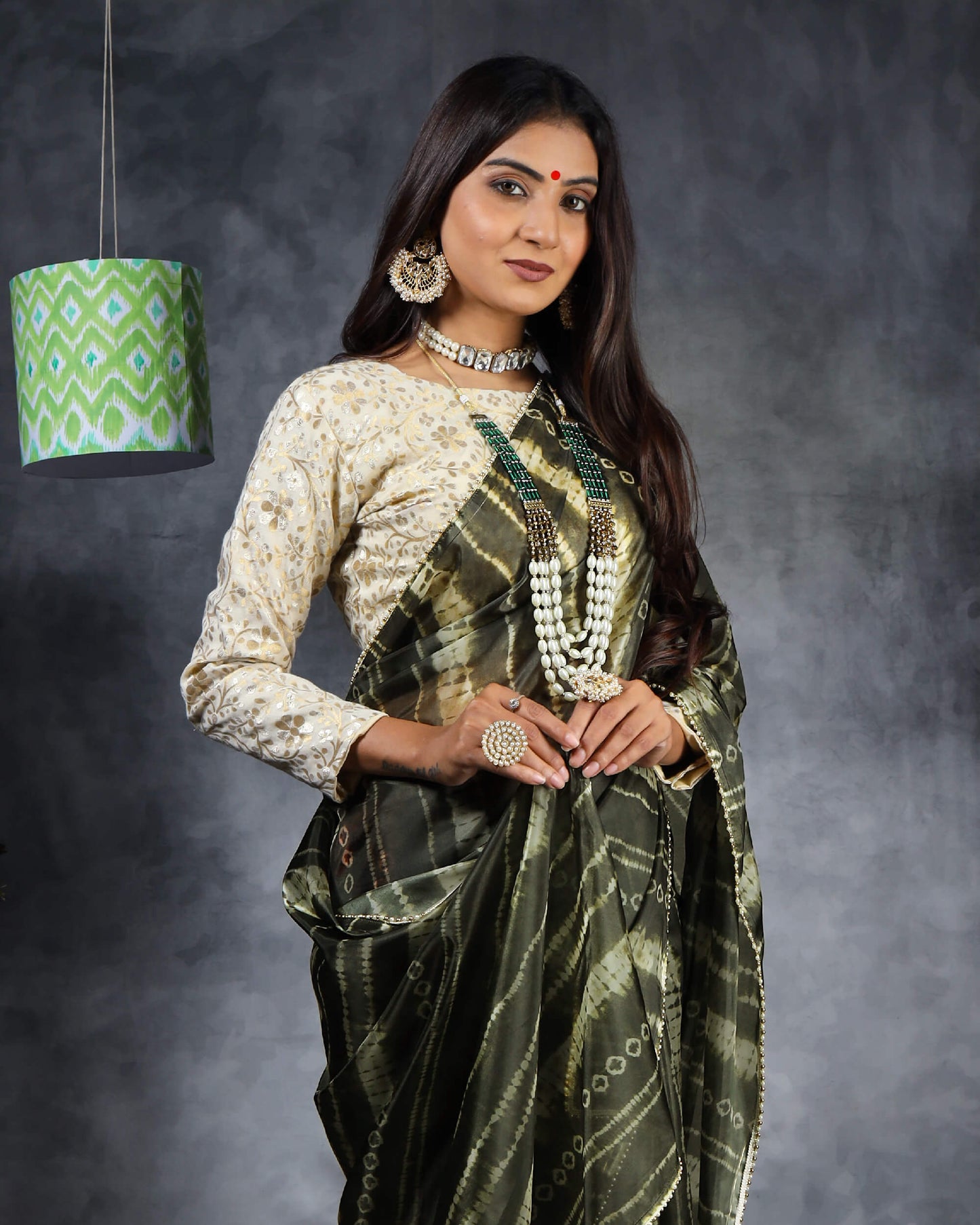 Army Green And White Shibori Pattern Liquid Organza Saree With Pearl Work Lace Border