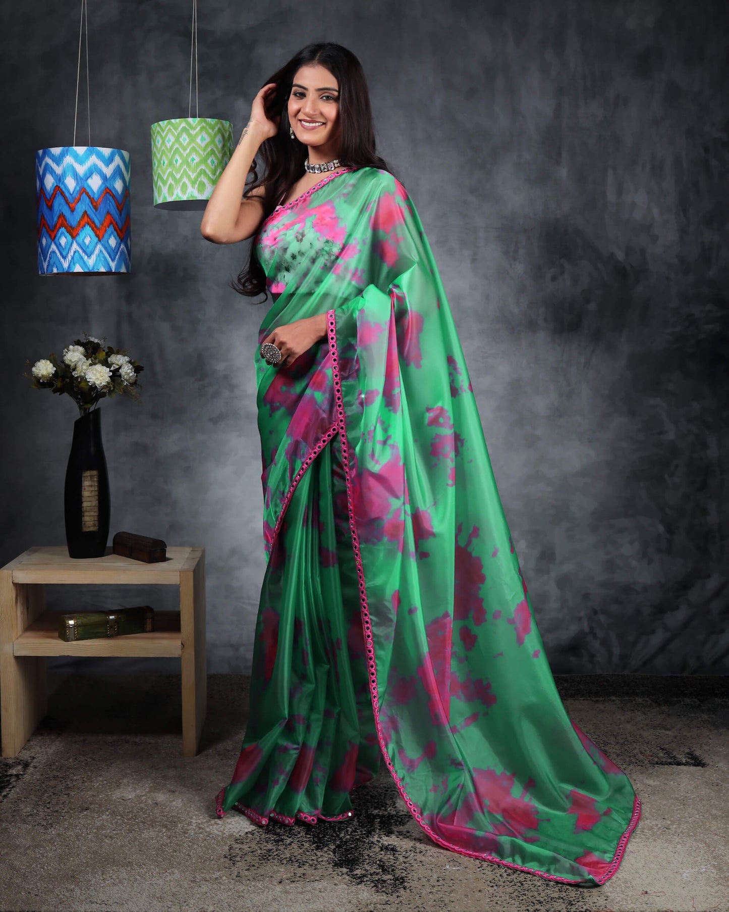 Persian Green And Pink Tye And Dye Pattern Liquid Organza Saree With Mirror Work Lace Border