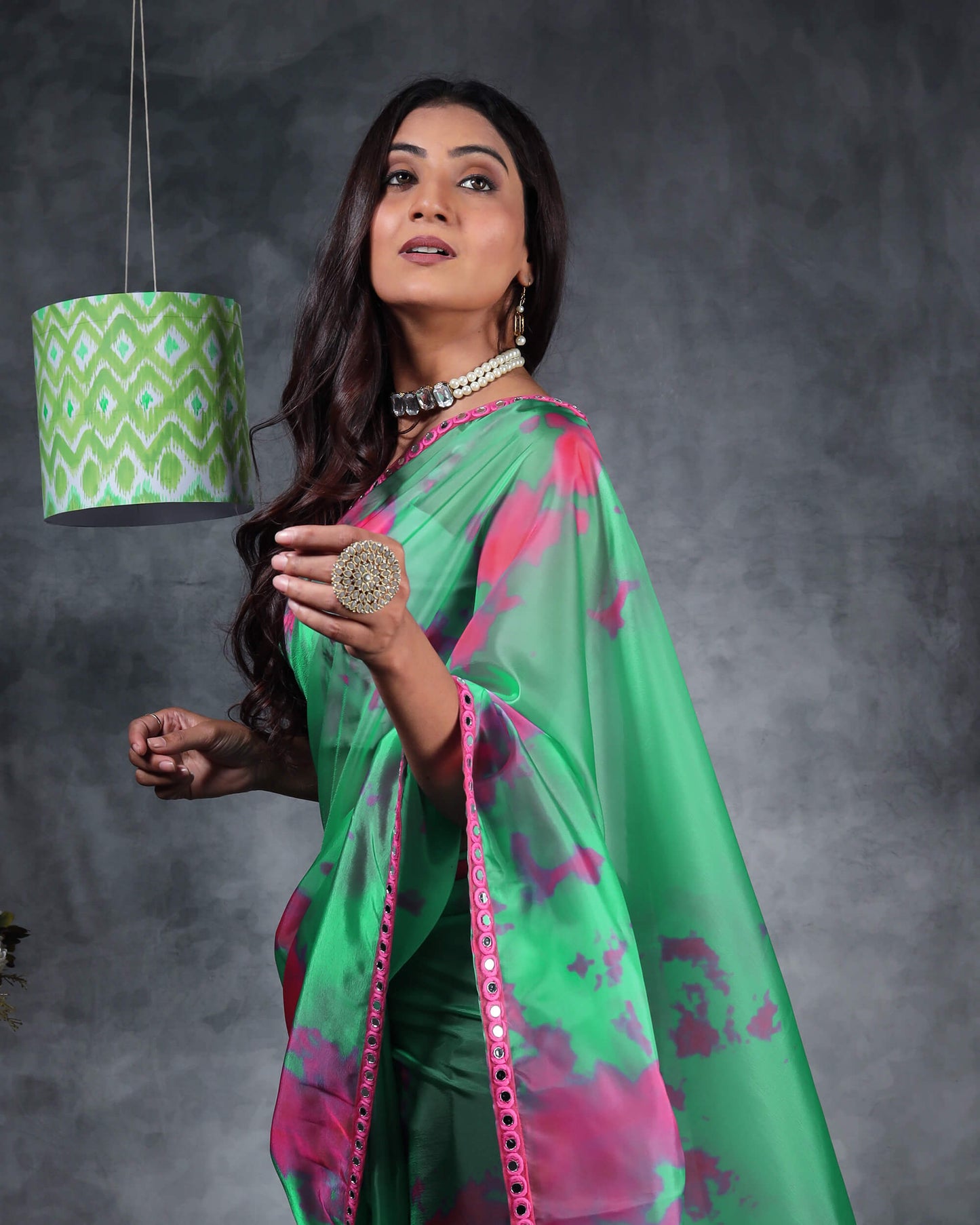 Persian Green And Pink Tie & Dye Pattern Liquid Organza Saree With Mirror Work Lace Border