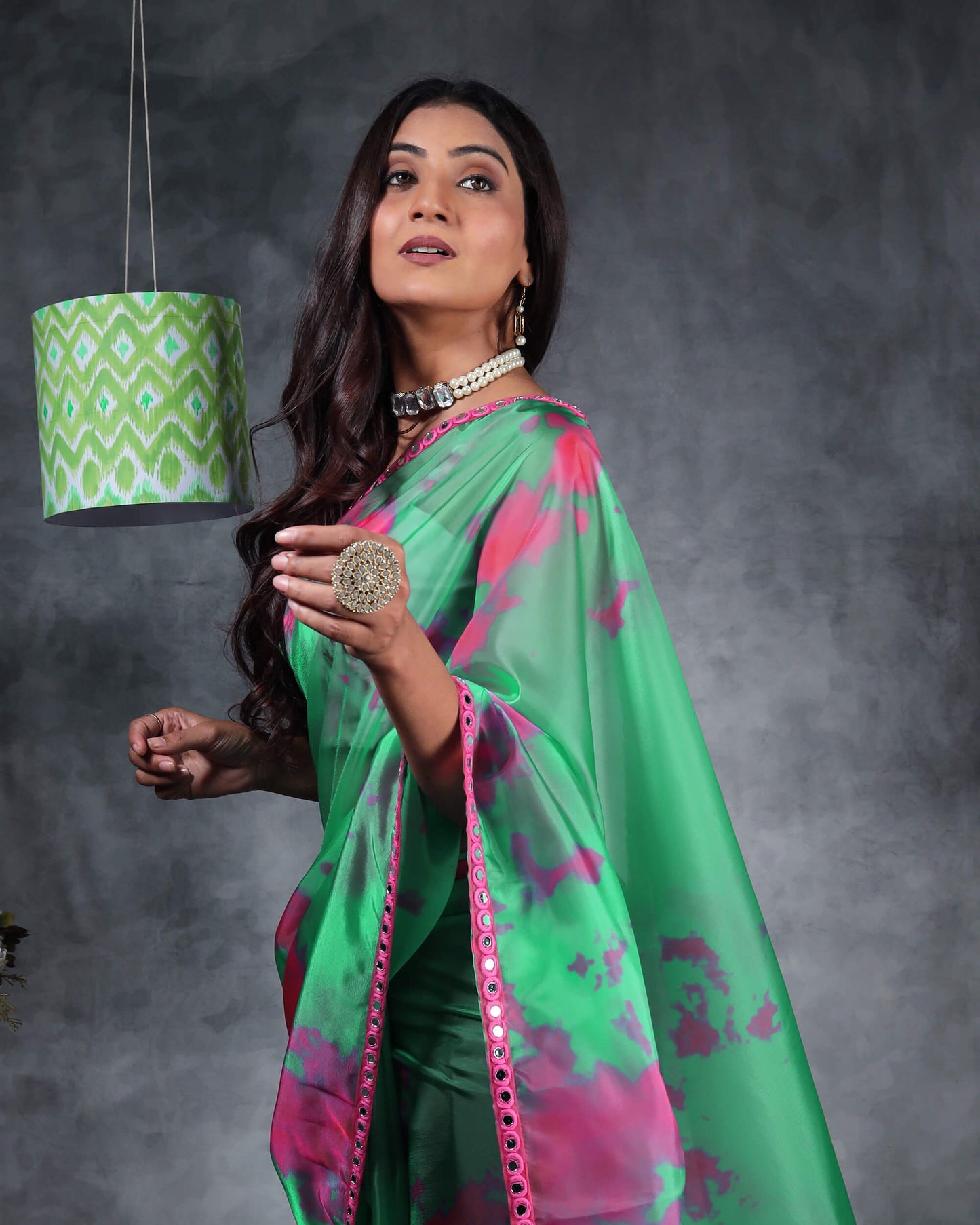 Persian Green And Pink Tye And Dye Pattern Liquid Organza Saree With Mirror Work Lace Border