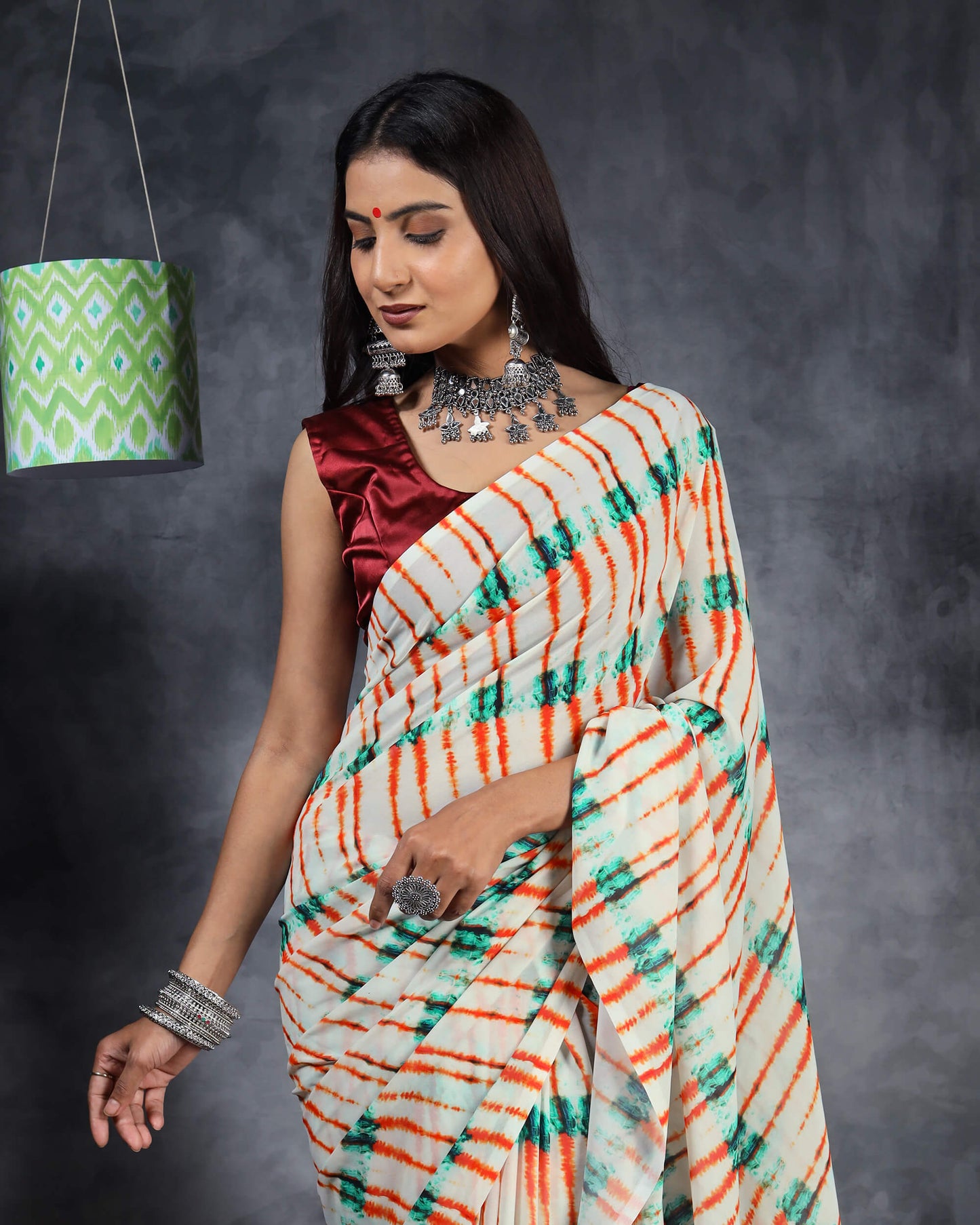 Off White And Orange Shiiborii Pattern Digital Print Georgette Saree With Tassels