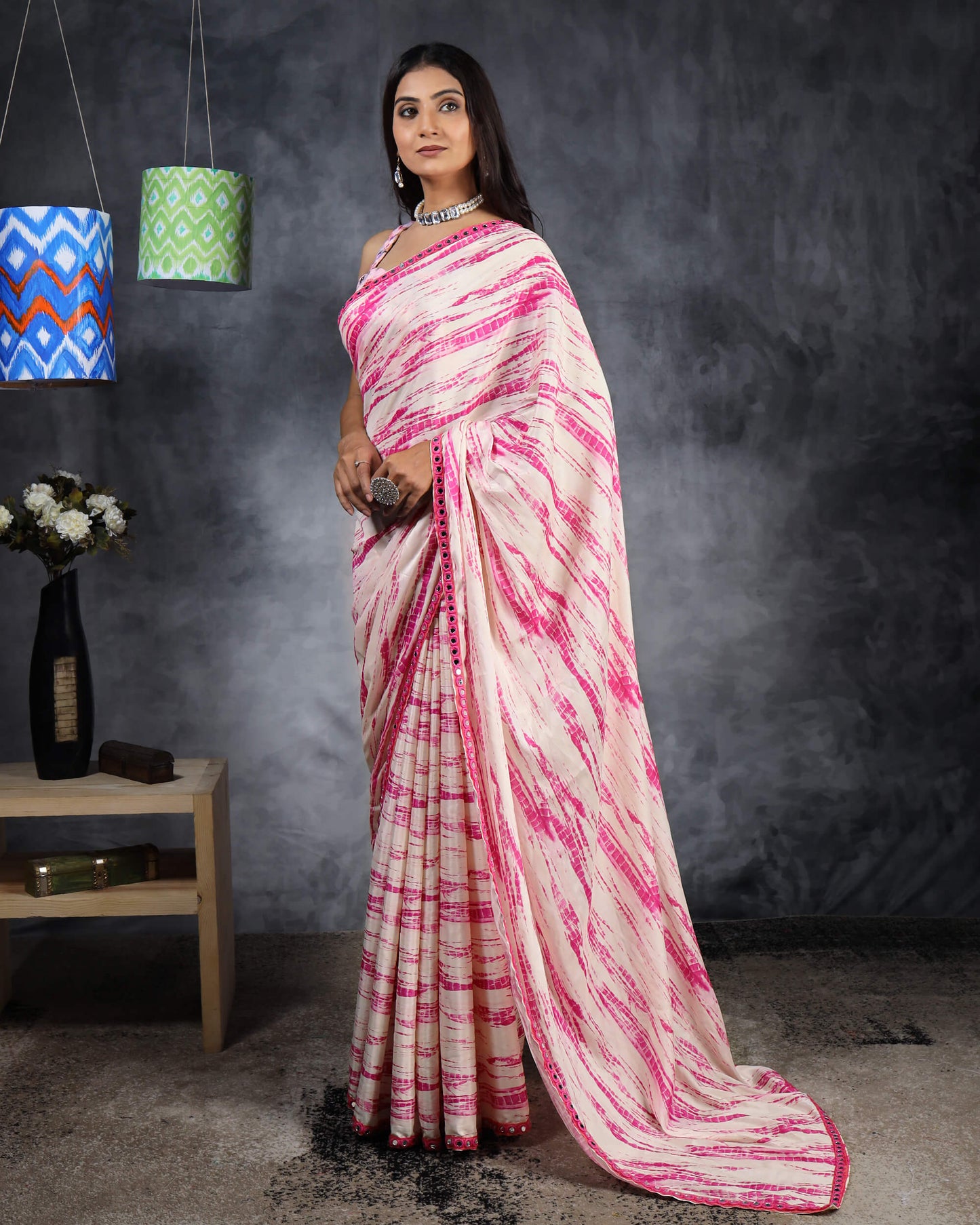 Cream And Hot Pink Shibori Pattern Digital Print Flat Silk Saree With Mirror Work Lace Border