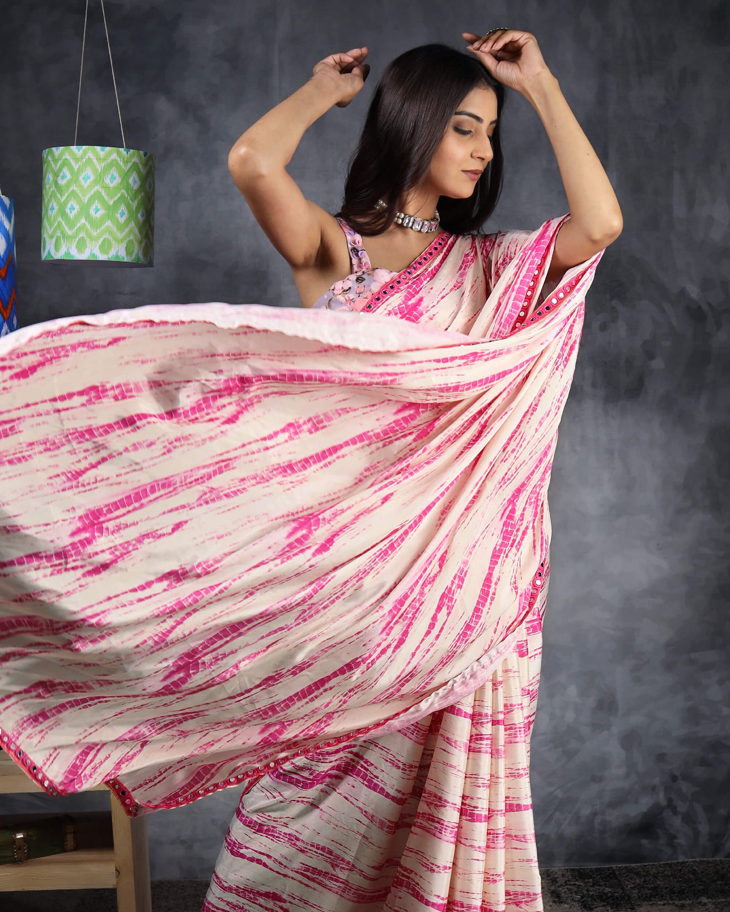 Cream And Hot Pink Shibori Pattern Digital Print Flat Silk Saree With Mirror Work Lace Border