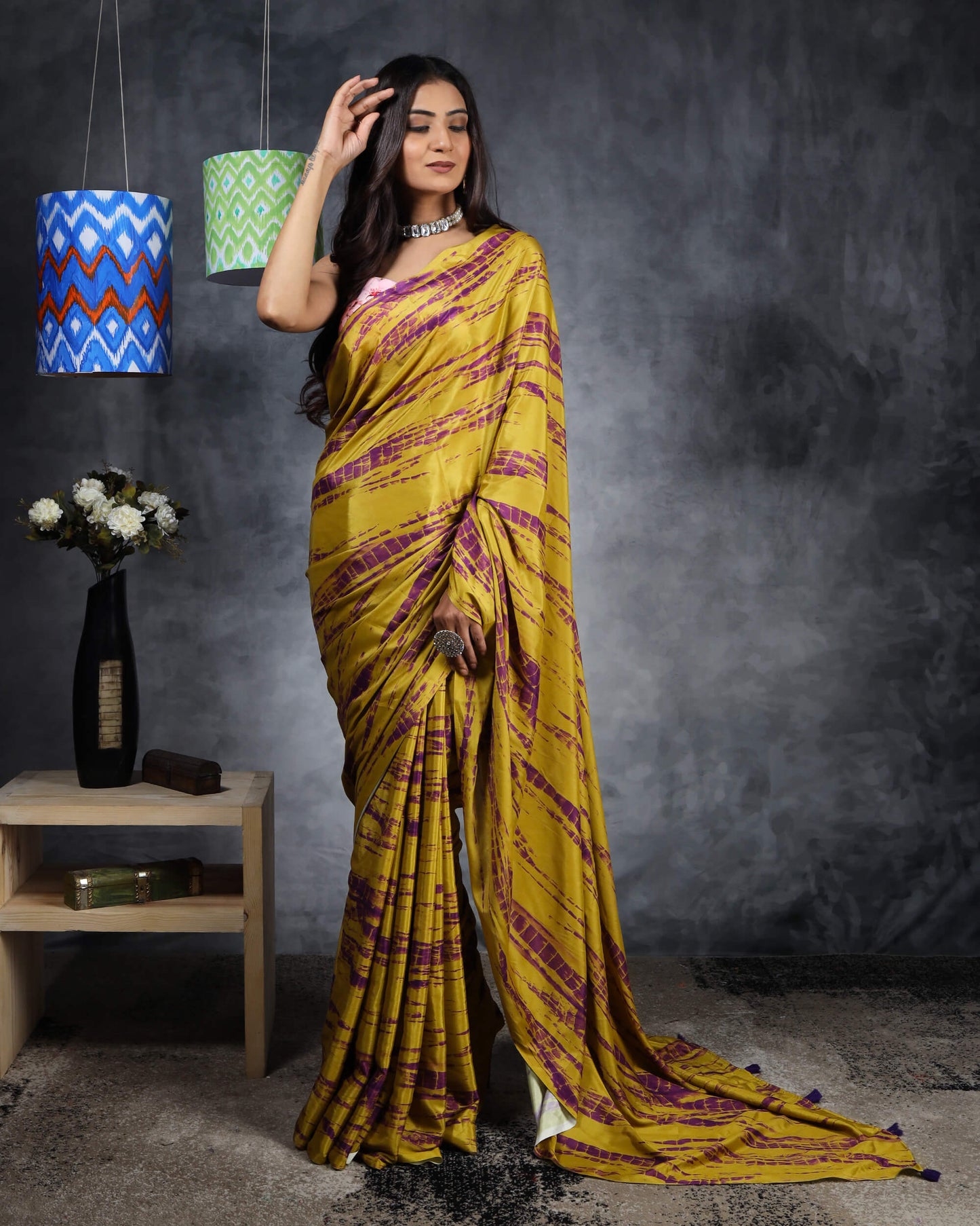 Dijon Yellow And Purple Shibori Pattern Digital Print Crepe Silk Saree With Tassels