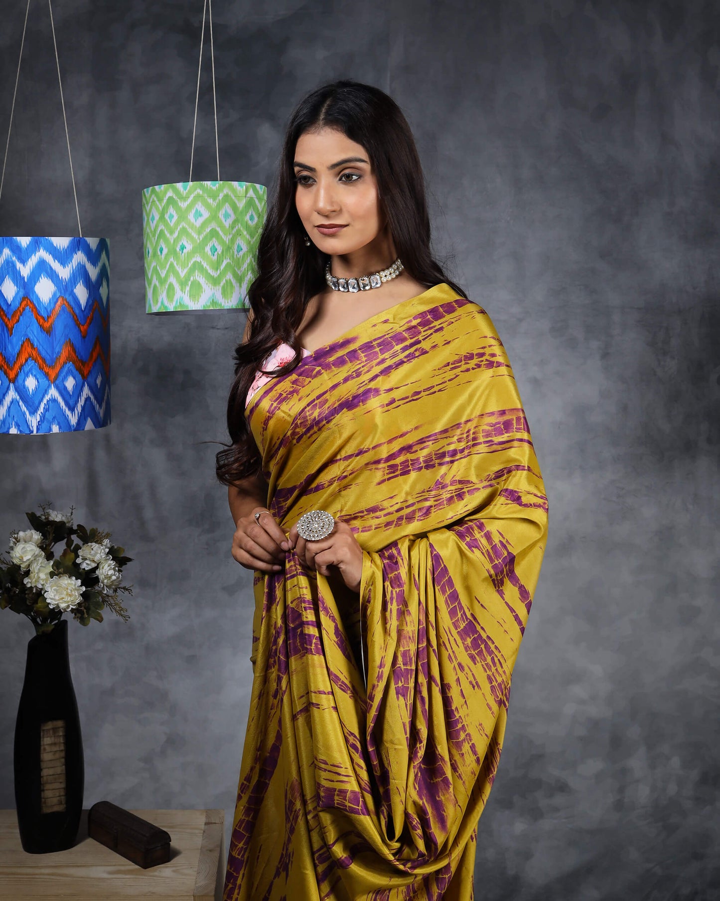 Dijon Yellow And Purple Shibori Pattern Digital Print Crepe Silk Saree With Tassels