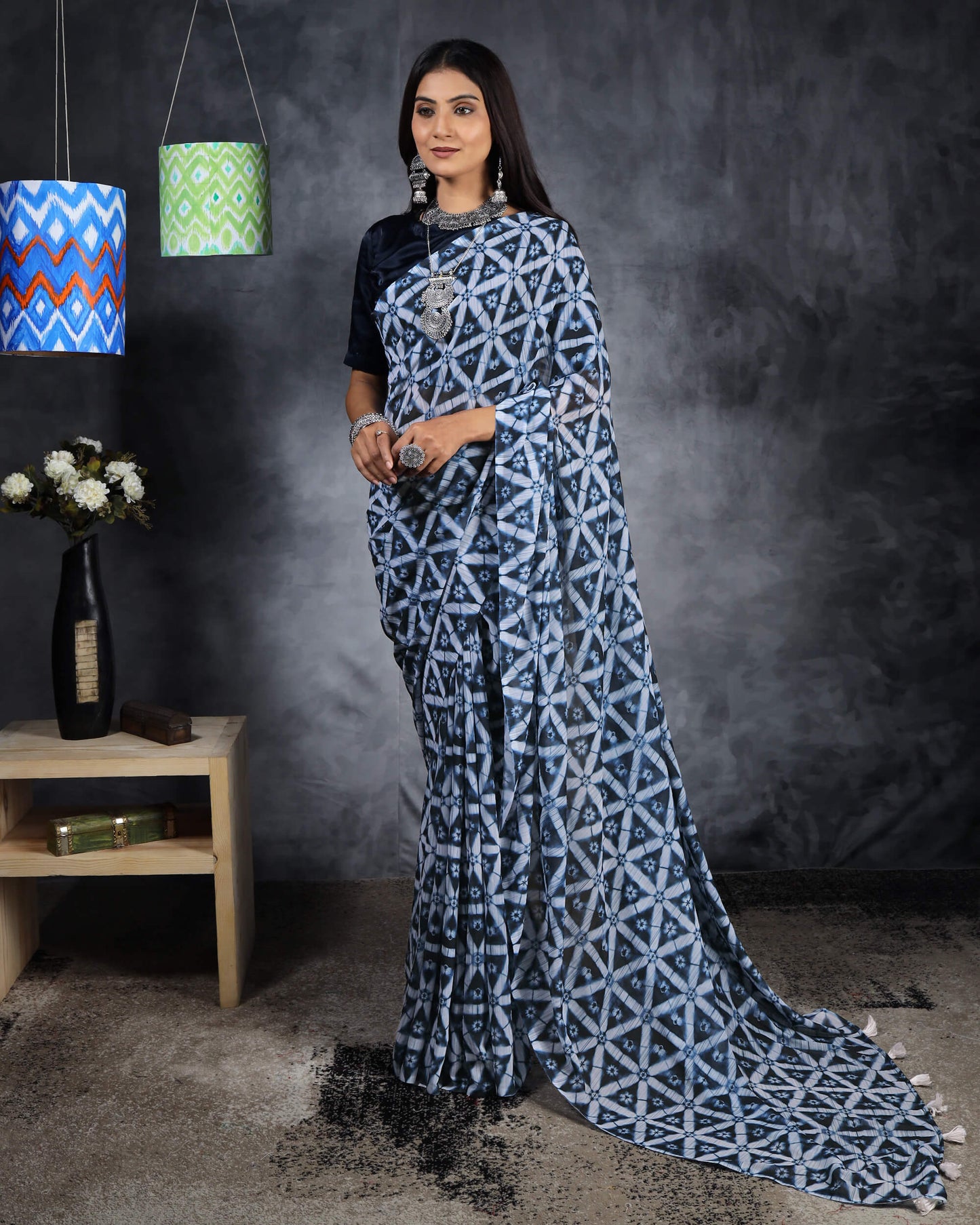 Blue And White Shibori Pattern Digital Print Chiffon Saree With Tassels