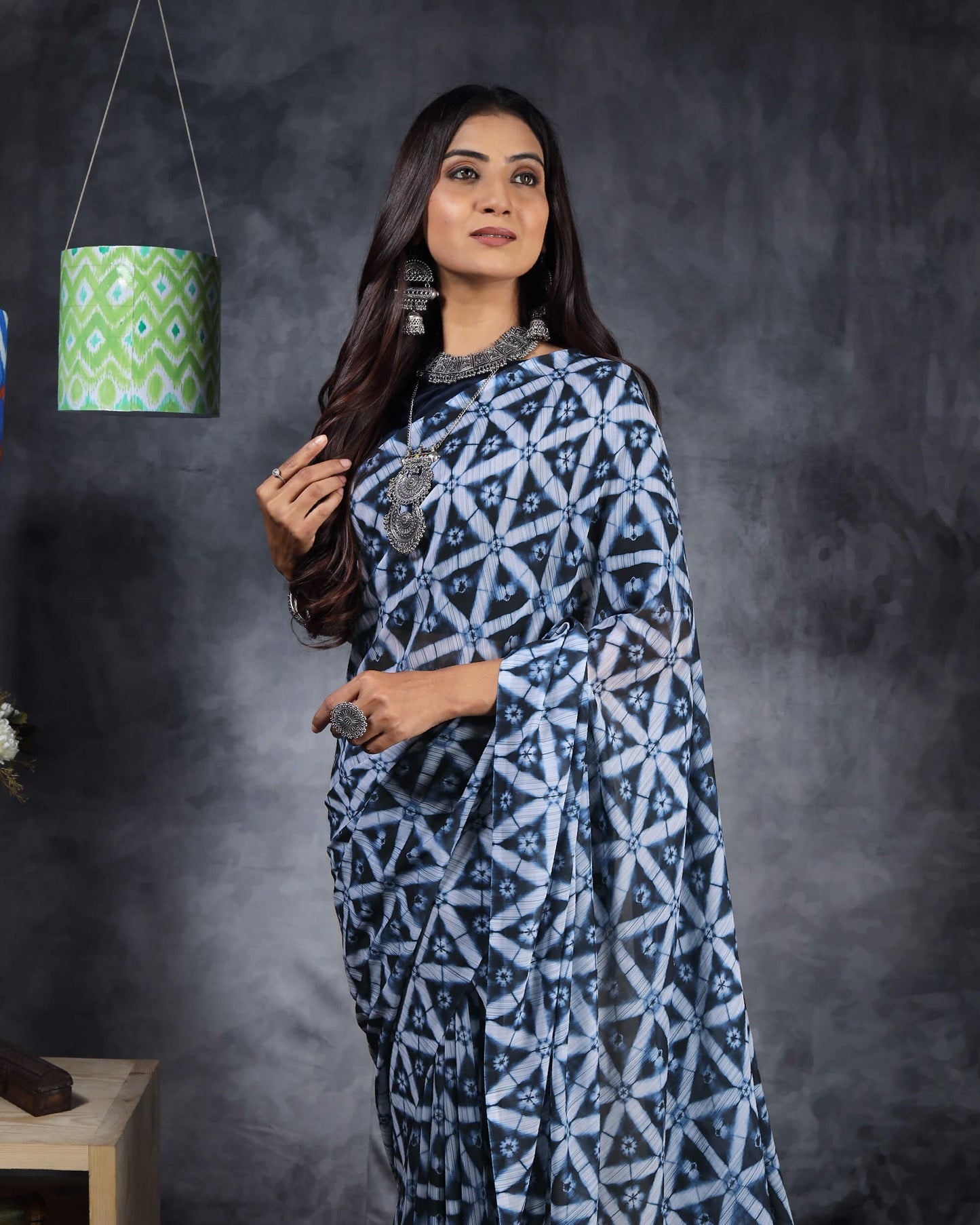 Blue And White Shibori Pattern Digital Print Chiffon Saree With Tassels