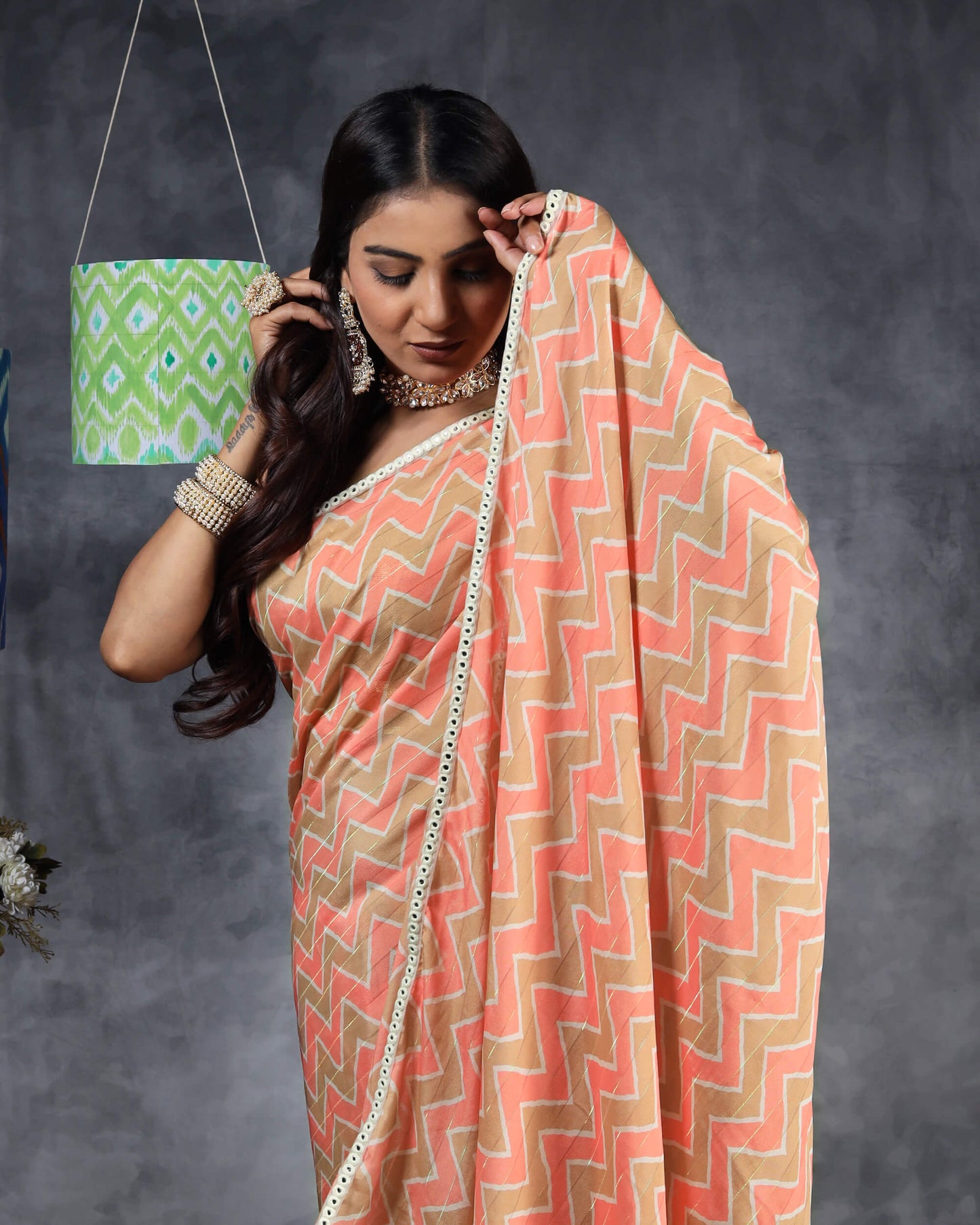 Peach And Beige Chevron Pattern Digital Print Lurex Dent Jacquard Georgette Saree With Foil Mirror Work Lace Border