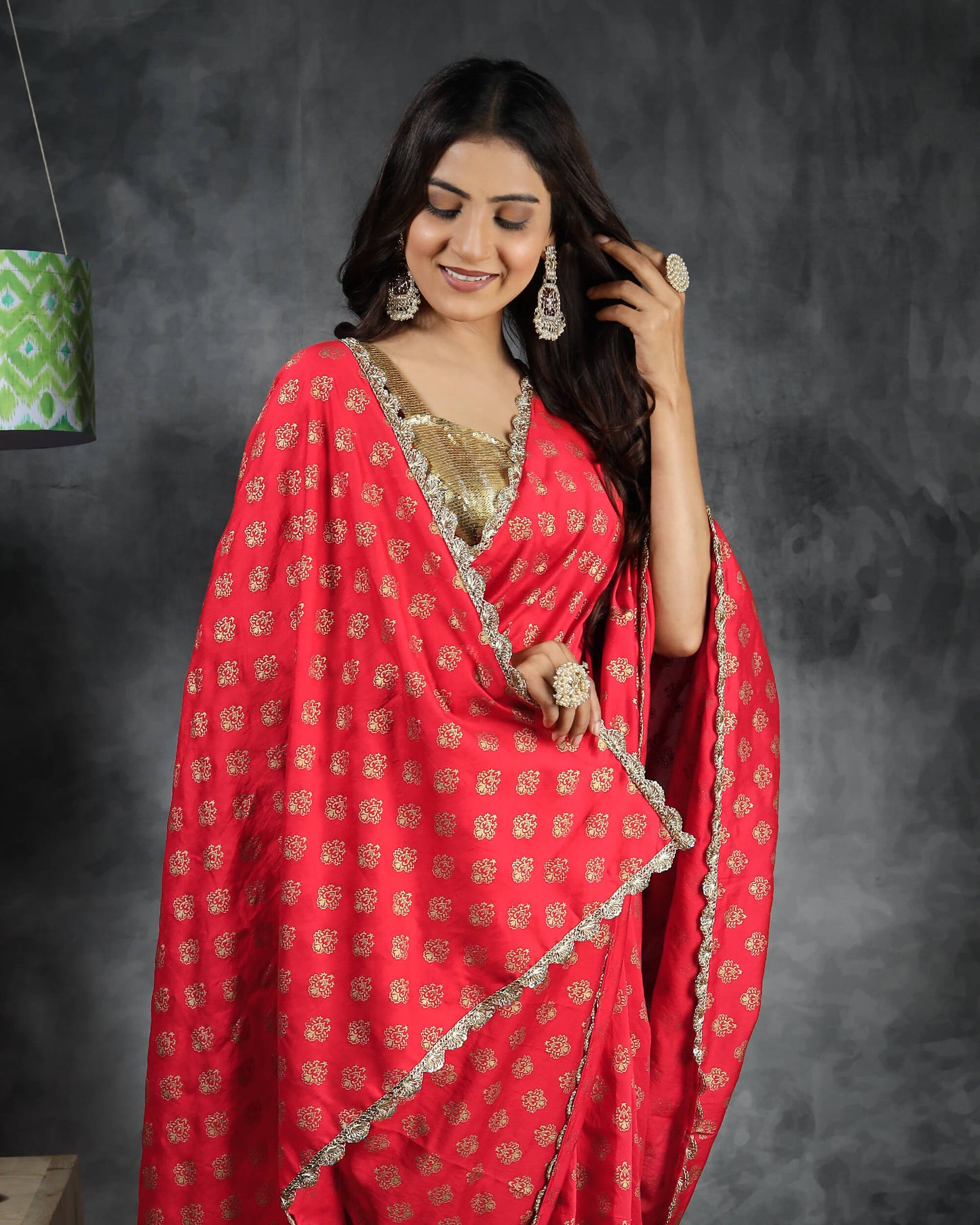 Red Booti Pattern Golden Foil Screen Print Chanderi Saree With Zari Sequins Lace Border