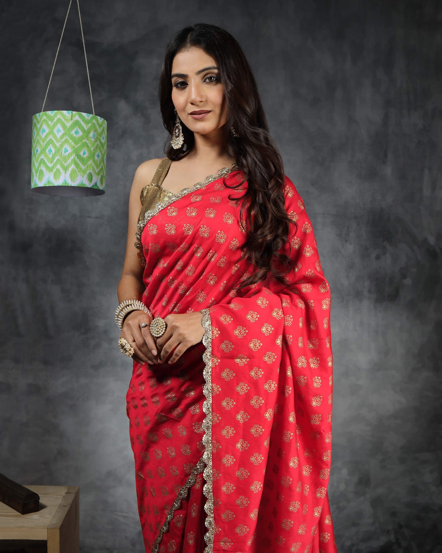 Red Booti Pattern Golden Foil Screen Print Chanderi Saree With Zari Sequins Lace Border