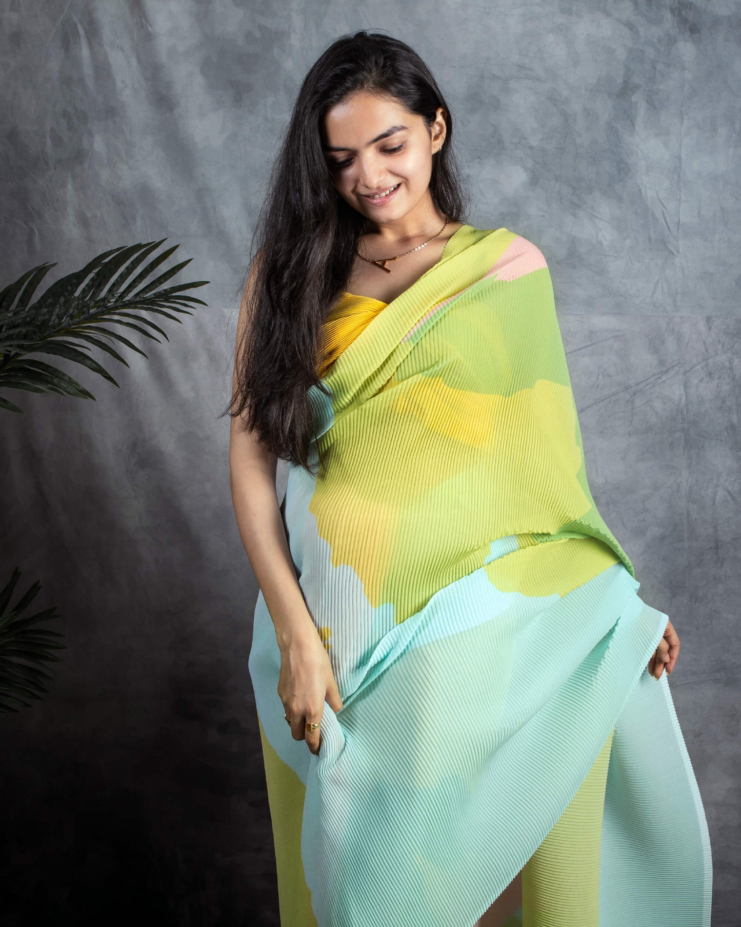 Mint Green And Yellow Abstract Pattern Digital Print Georgette Pleated Saree