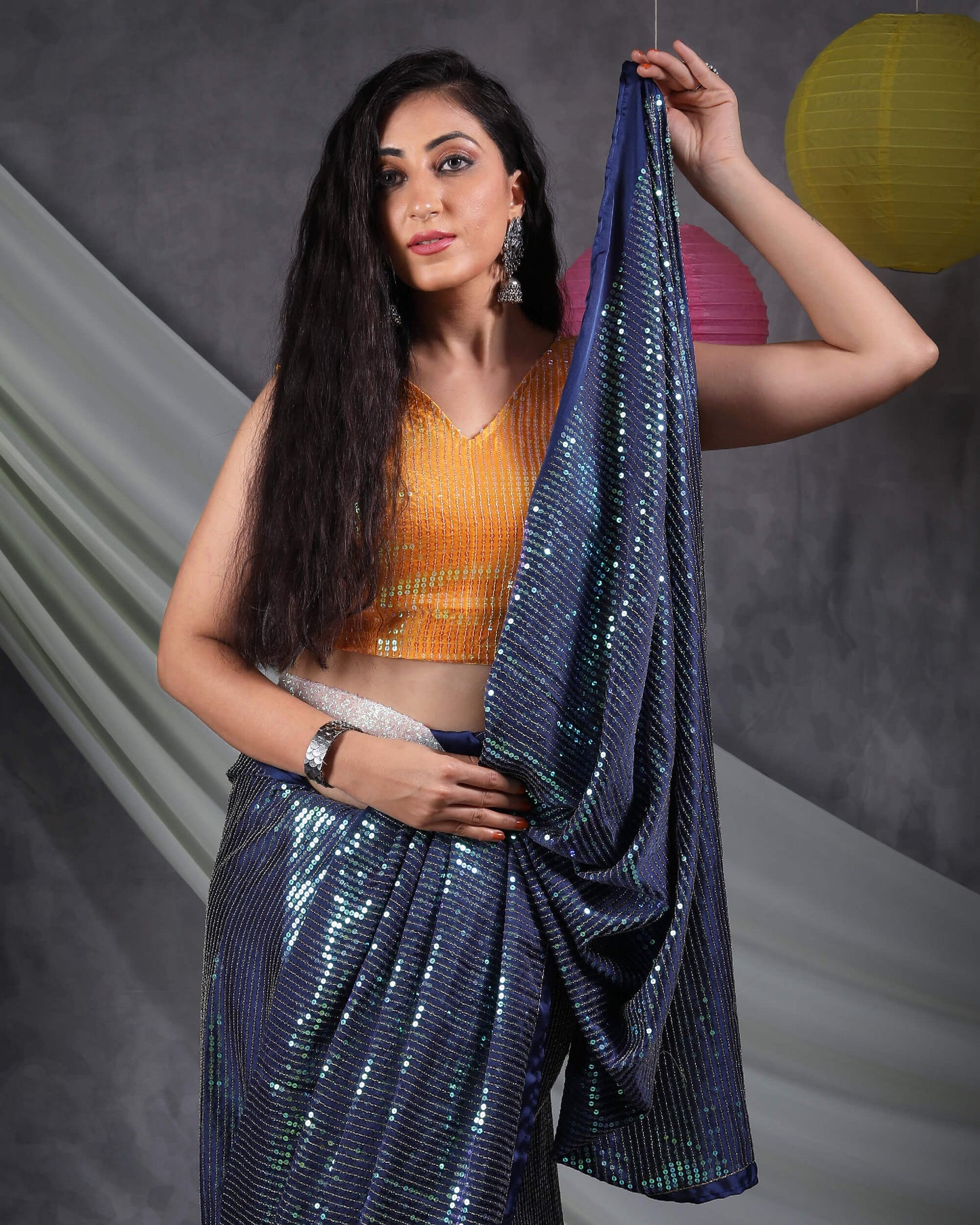 Navy Blue All Over Premium Rainbow Sequins Japan Satin Saree