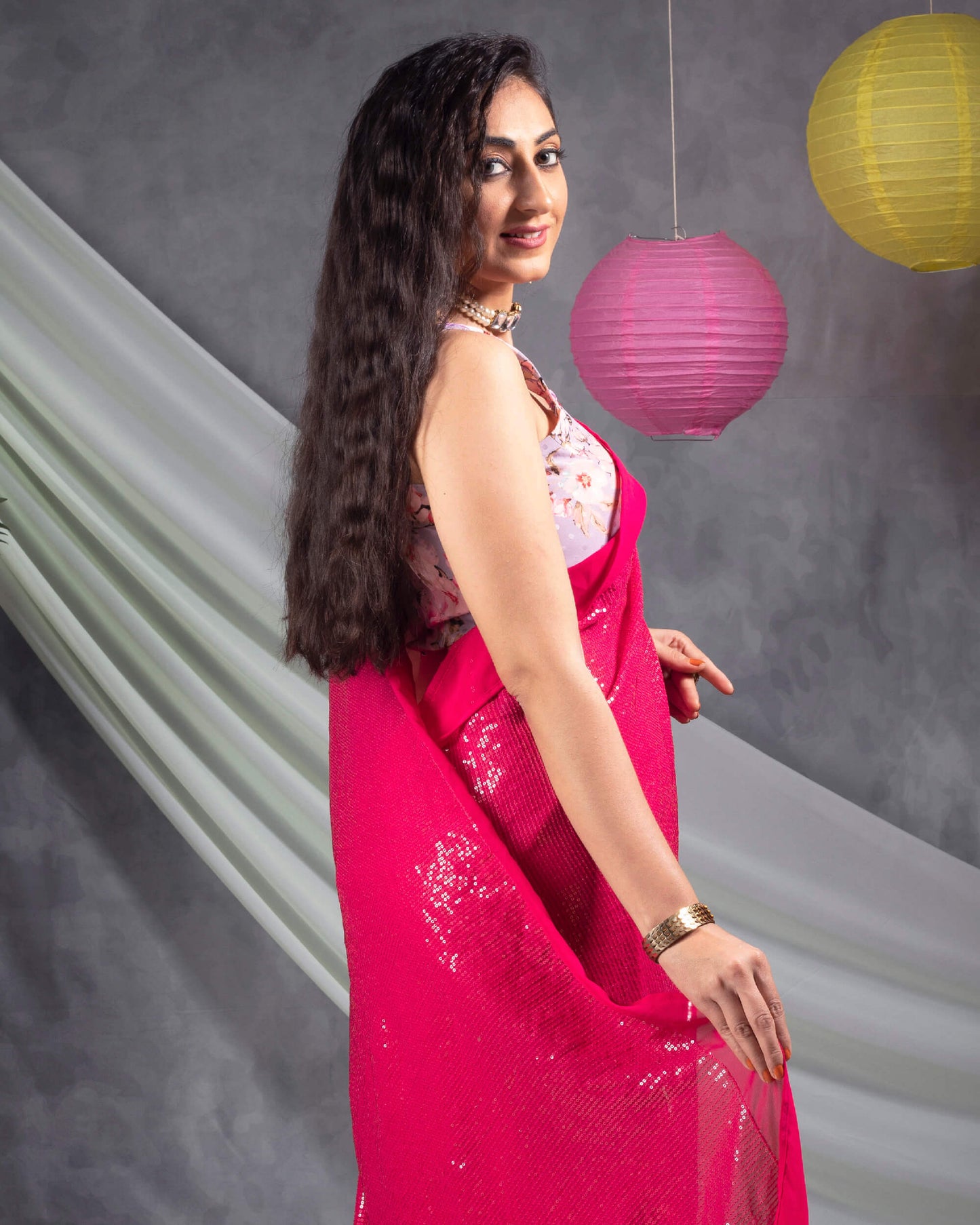 Cerise Pink All Over Premium Water Sequins Georgette Saree