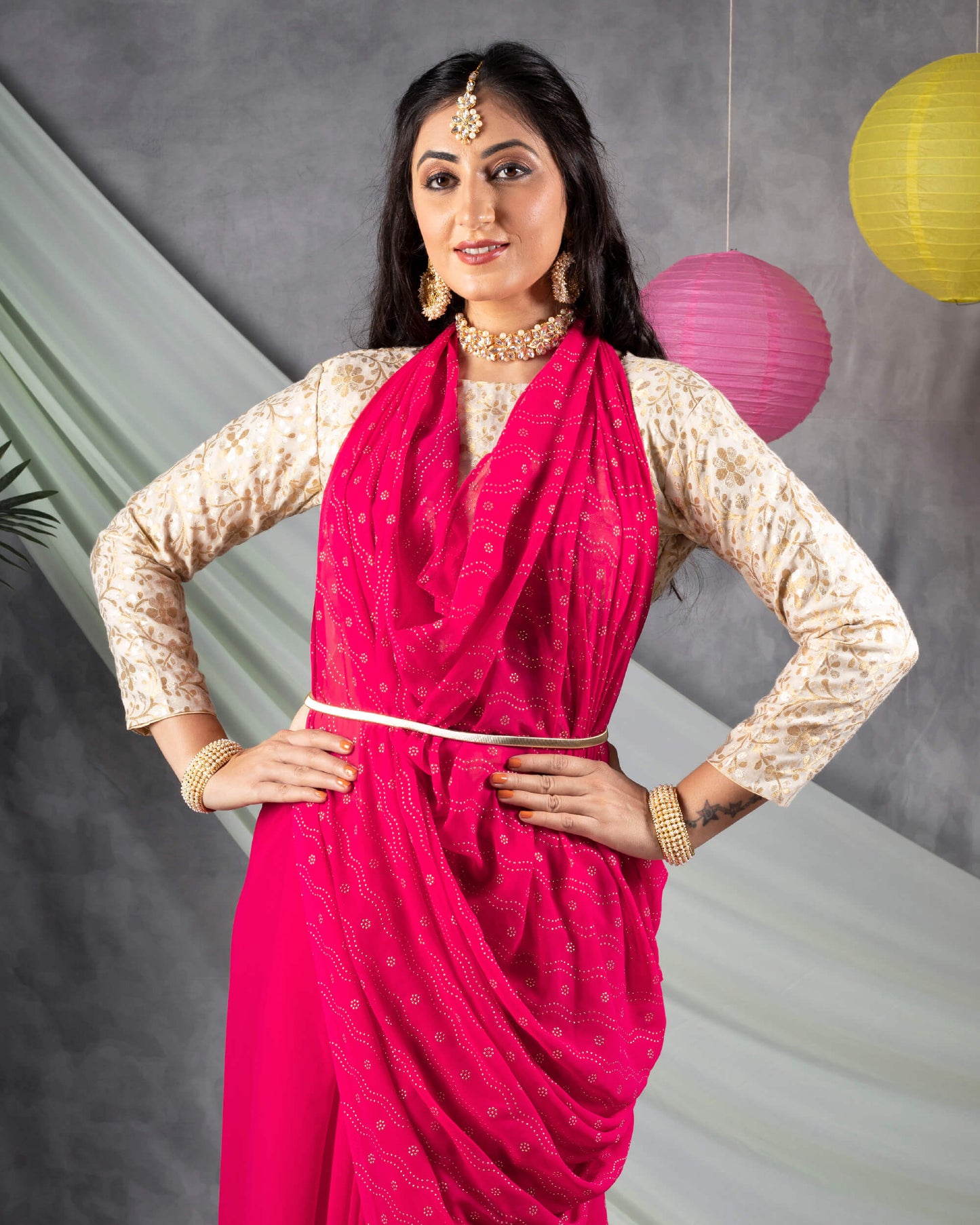 Cerise Pink Leheriya Golden Dew Drops Georgette Saree With Tassles
