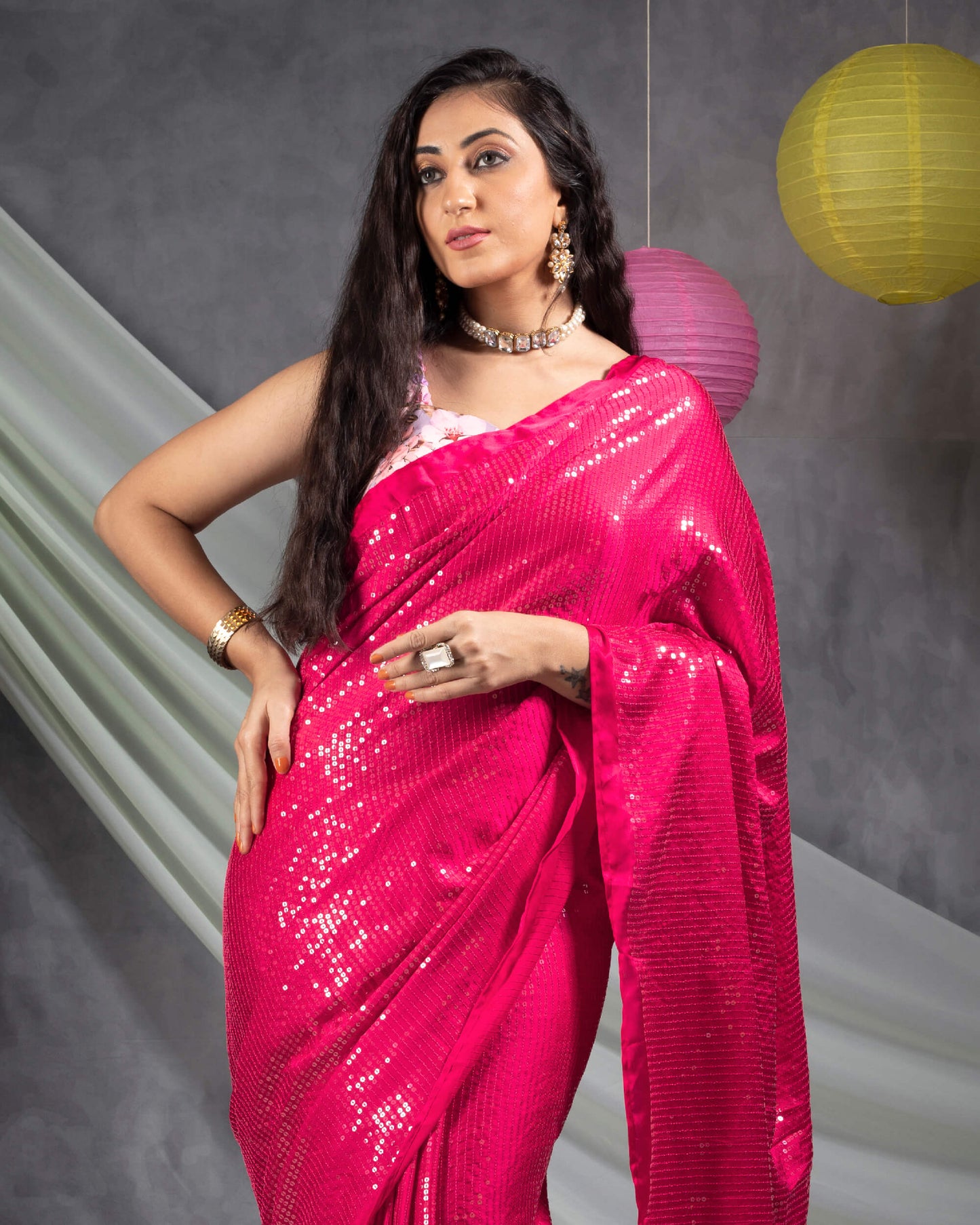 Cerise Pink All Over Premium Water Sequins Japan Satin Saree