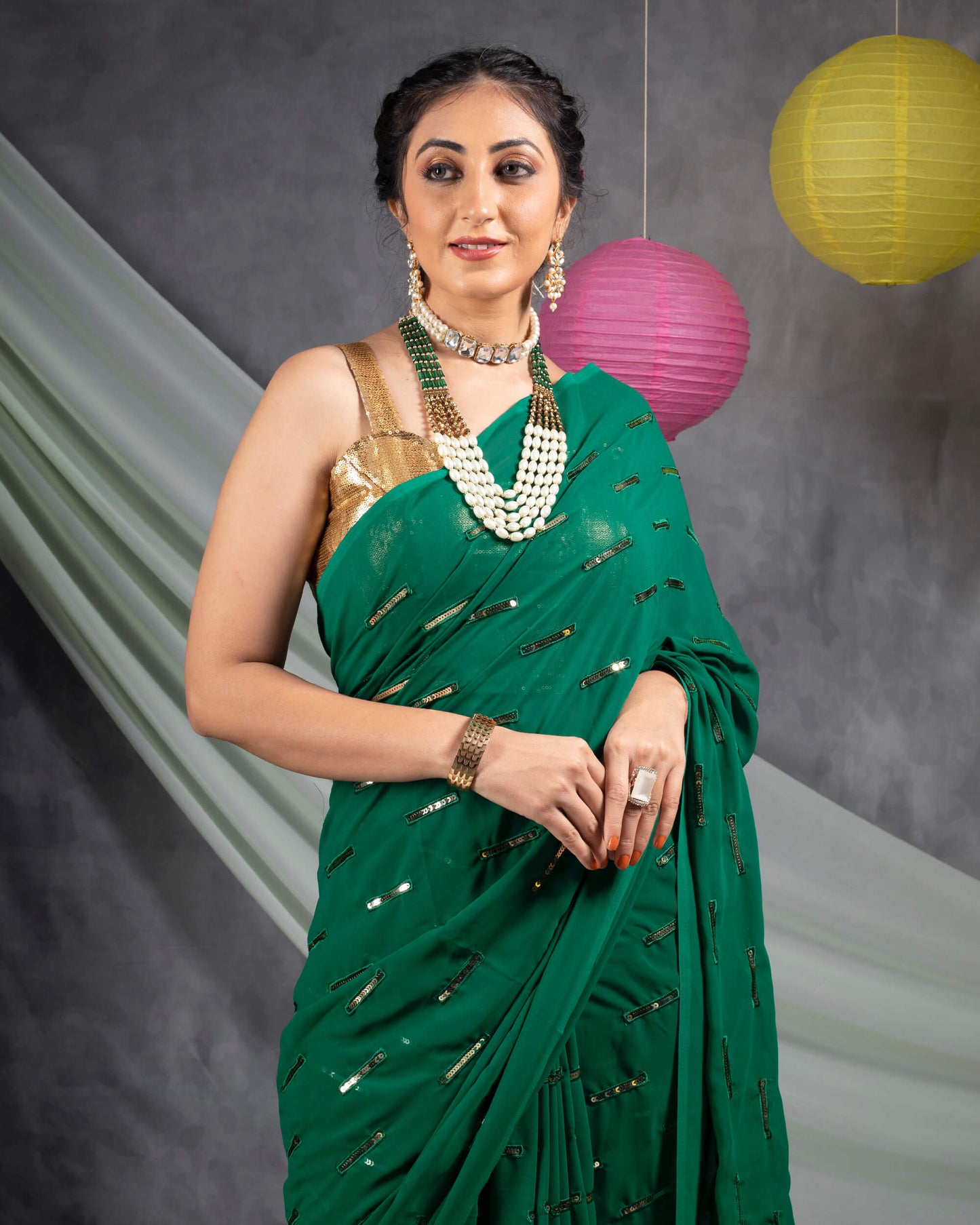 Sacramento Green Stripes Pattern Sequins Embroidery Georgette Saree