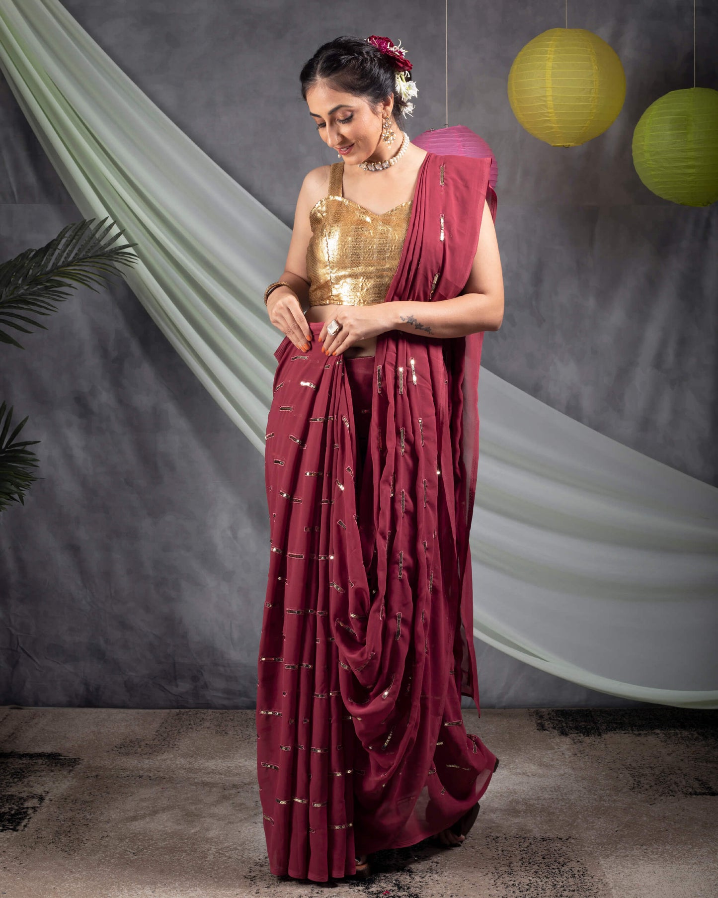 Maroon Stripes Pattern Sequins Embroidery Georgette Saree
