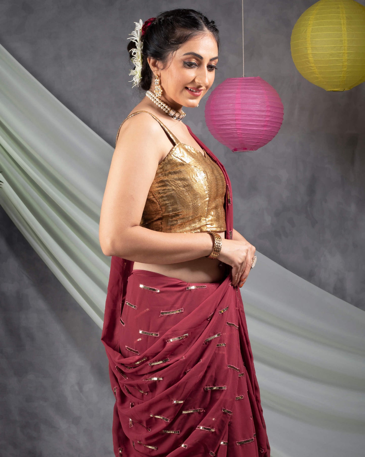 Maroon Stripes Pattern Sequins Embroidery Georgette Saree