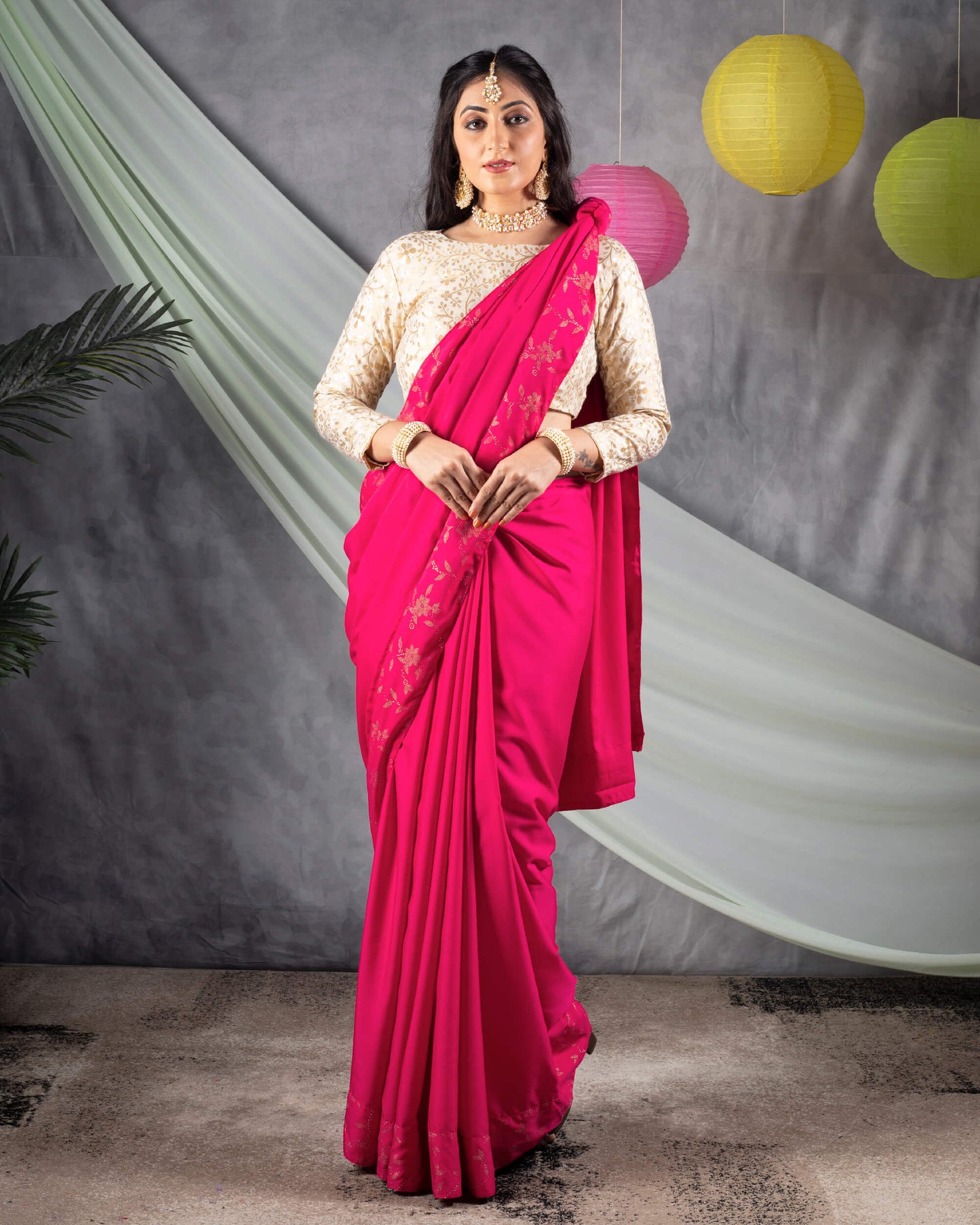 Cerise Pink Plain Japan Satin Saree With Dew Drops Work Lace Border