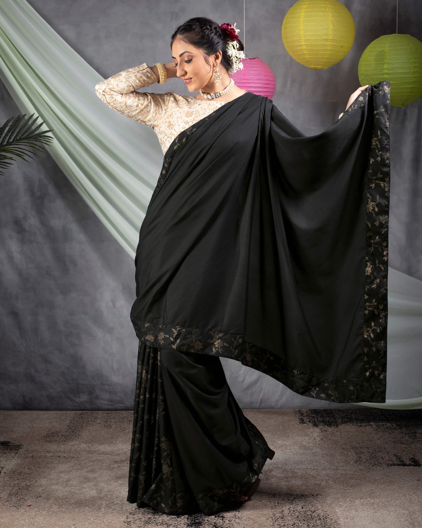 Black Plain Japan Satin Saree With Dew Drops Work Lace Border