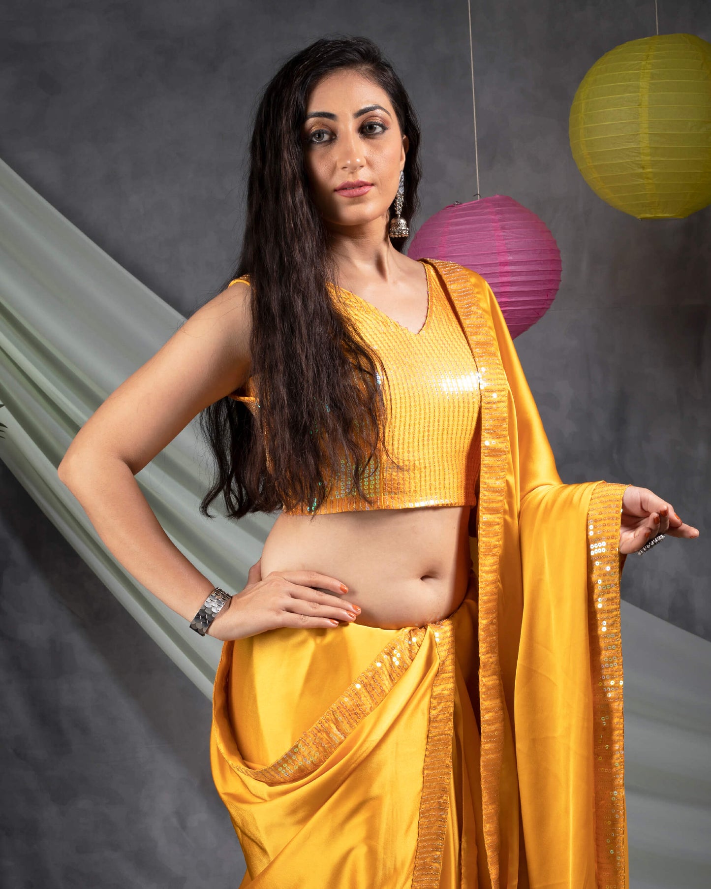 Mustard Yellow Plain Japan Satin Saree With Rainbow Sequins Lace Border